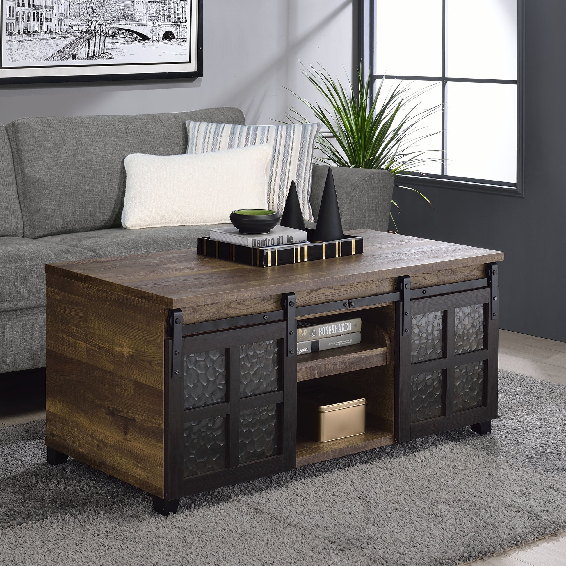 Rustic Oak And Black Coffee Table With Sliding Doors Rustic Primary Living Space Oak Rectangular Wood Metal