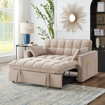 4 In1 Loveseat Sofa Bed With Armrests & Storage Pockets, Multi Function Tufted Pull Out Sofa Bed With Adjustable Backrest And Pillows, Convertible Loveseat Sofa Couch,Taupe Taupe Velvet Primary Living Space Medium Soft Tufted Back American