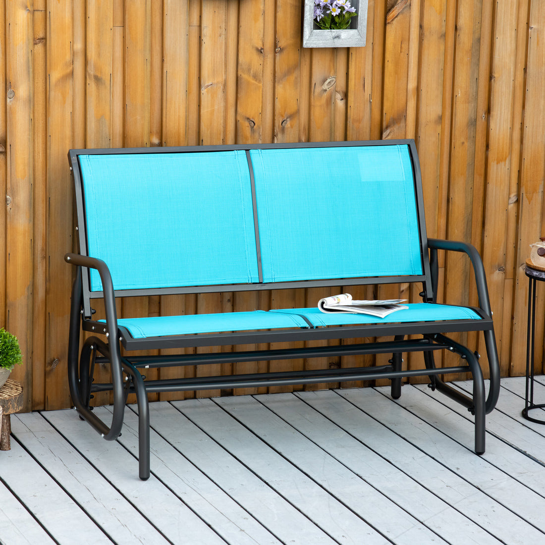 Outsunny 2 Person Outdoor Glider Bench, Patio Double Swing Rocking Chair Loveseat W Powder Coated Steel Frame For Backyard Garden Porch, Blue Blue Steel