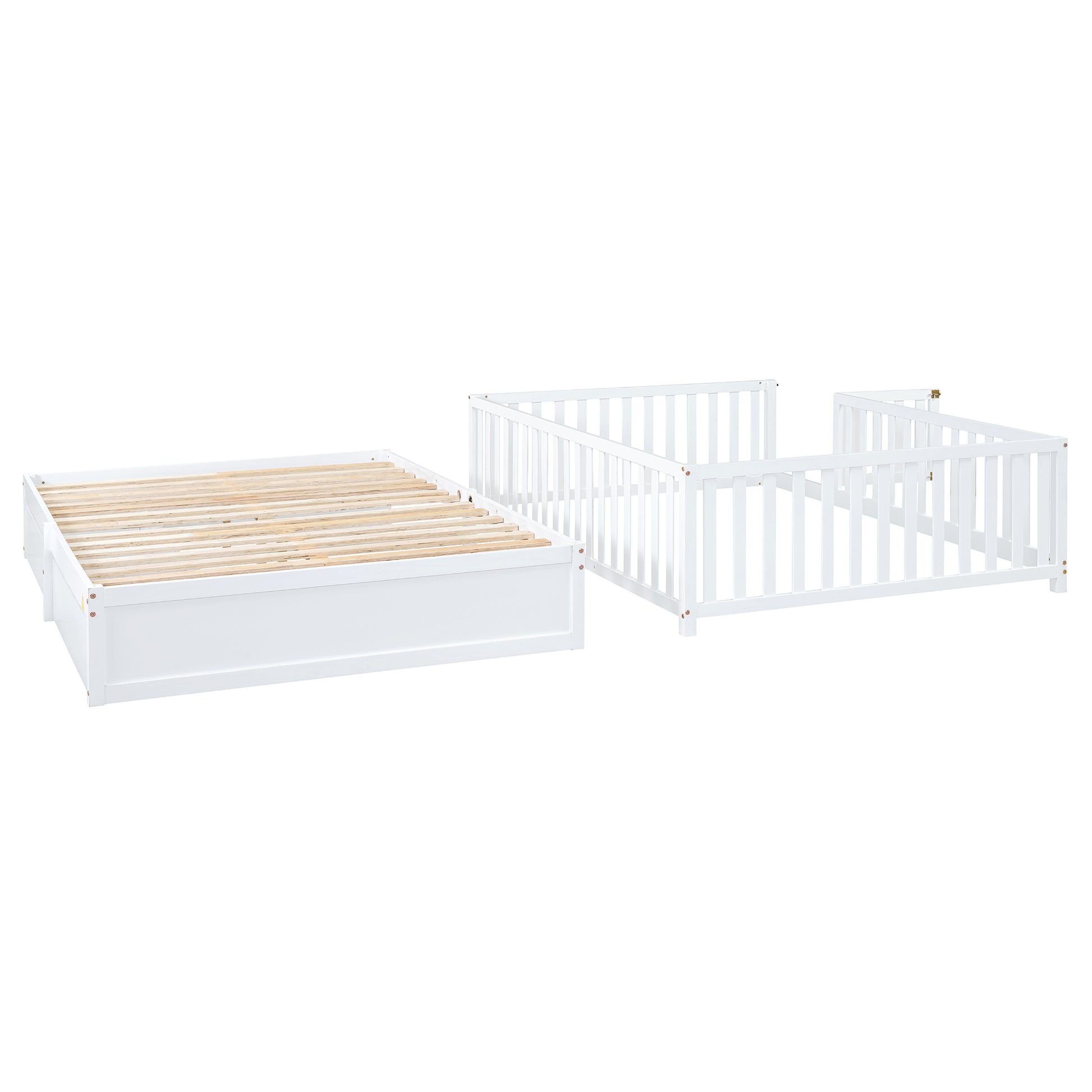 Full Size Wood Daybed With Fence Guardrails And 2 Drawers, Split Into Independent Floor Bed & Daybed, White Old Sku :Lp000882Aak Full White Solid Wood Mdf