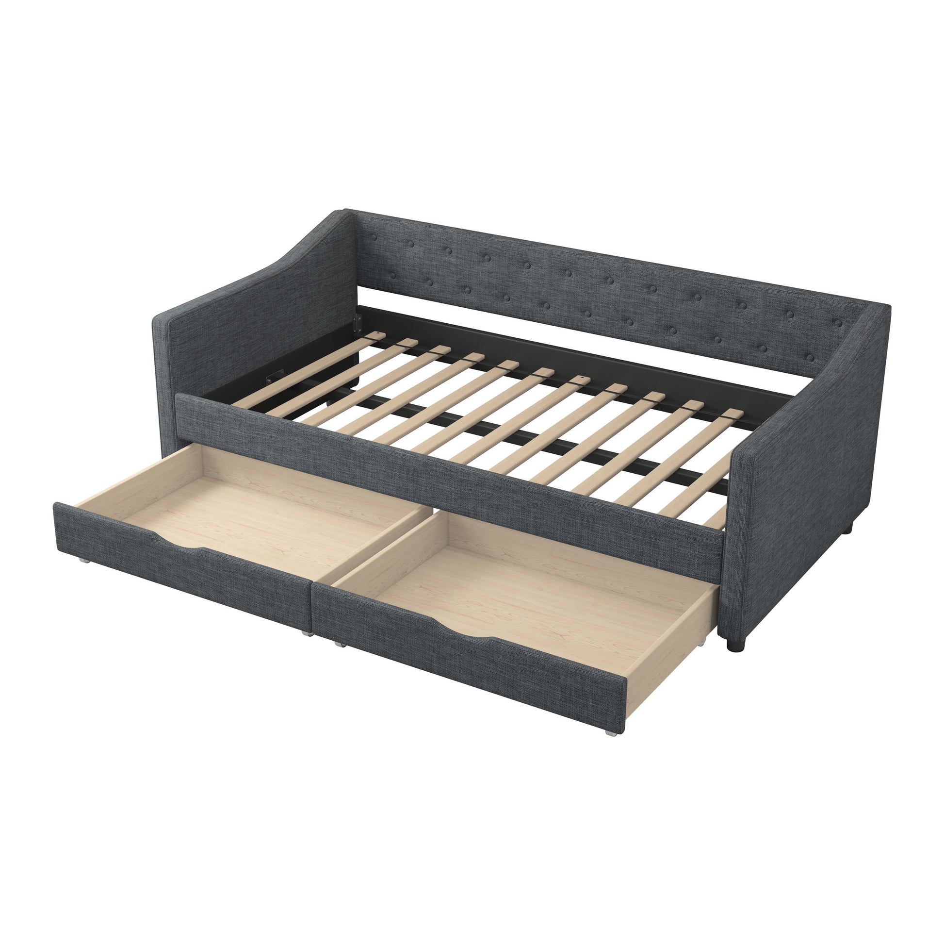 Twin Size Daybed With Drawers Upholstered Tufted Sofa Bed, With Button On Back And Piping On Waved Shape Arms Dark Grey Twin Dark Grey Wood Fabric