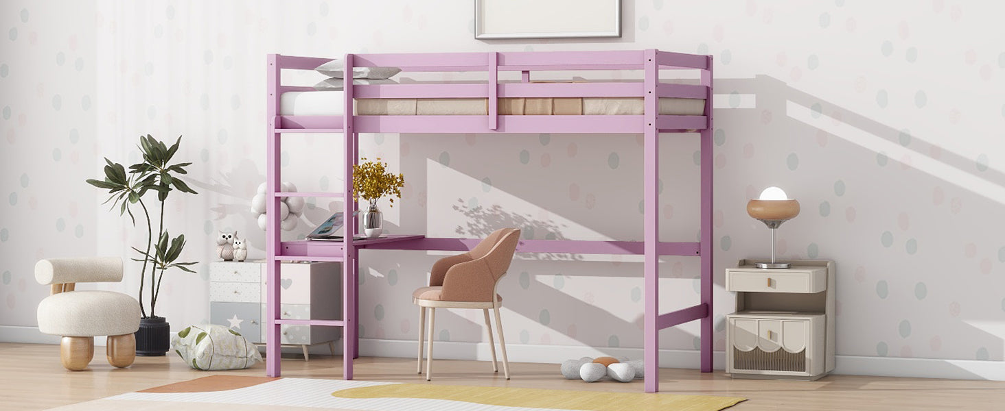 Twin High Loft Bed, Rubber Wood Loft Bed With Safety Guardrail, Built In Desk, Ladder,Pink Twin Pink Abs Rubber Steel Q235 ,Rubber Wood