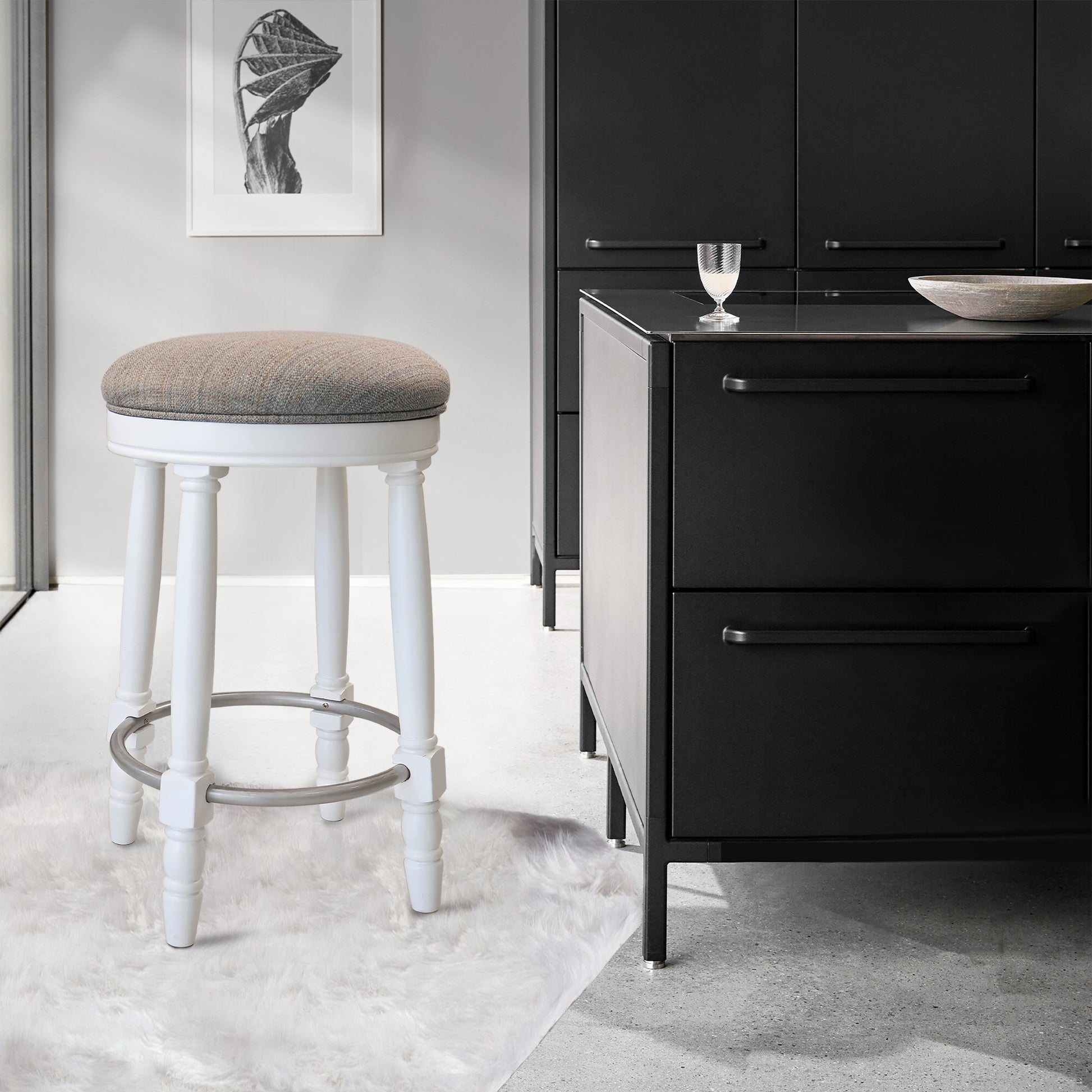 Bar Stools Set Of 2 White Color, 360 Degree Swivel, Accent Wooden Swivel Seat Counter Height Bar Stool, Grey Cushion Seat, Barstool Perfect For Dining And Living Room Height 26" Cushion Solid White