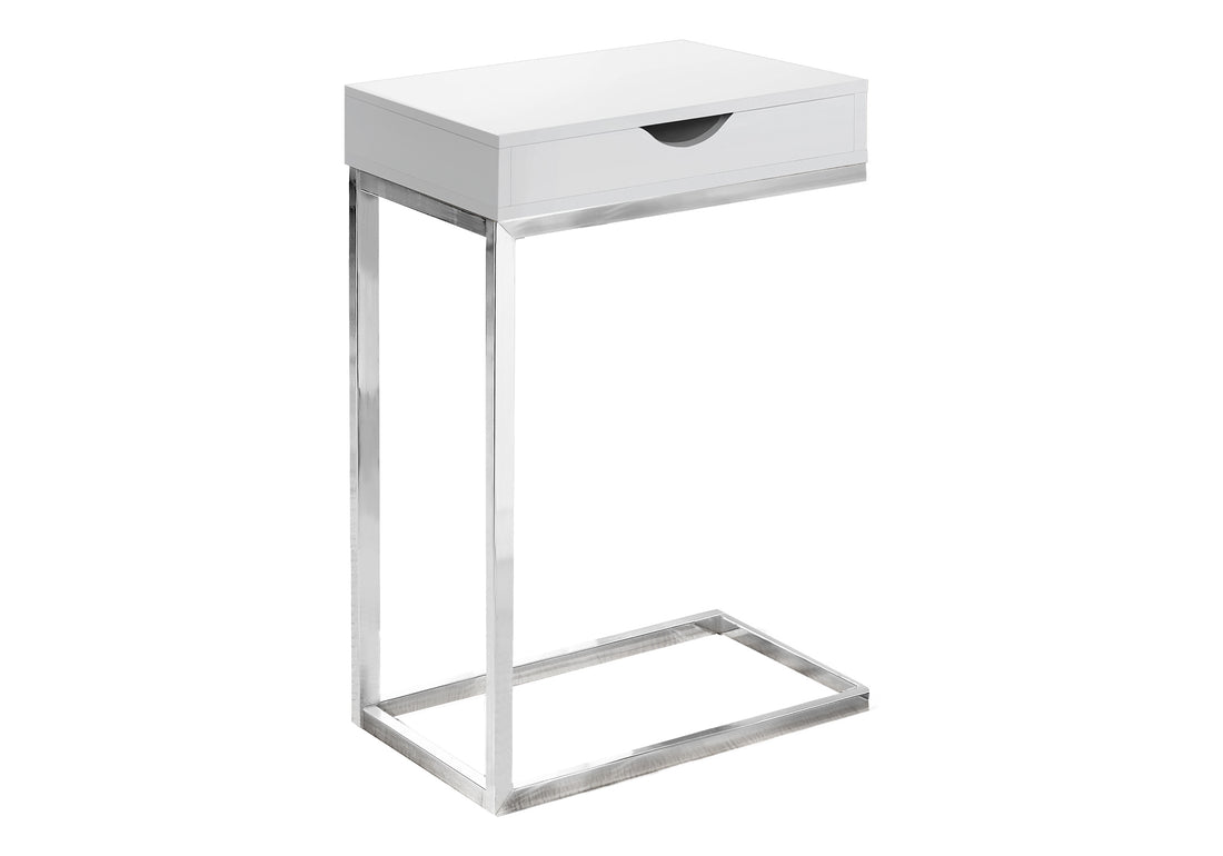 Accent Table, C Shaped, End, Side, Snack, Storage Drawer, Living Room, Bedroom, Glossy White Laminate, Chrome Metal, Contemporary, Modern White Particle Board