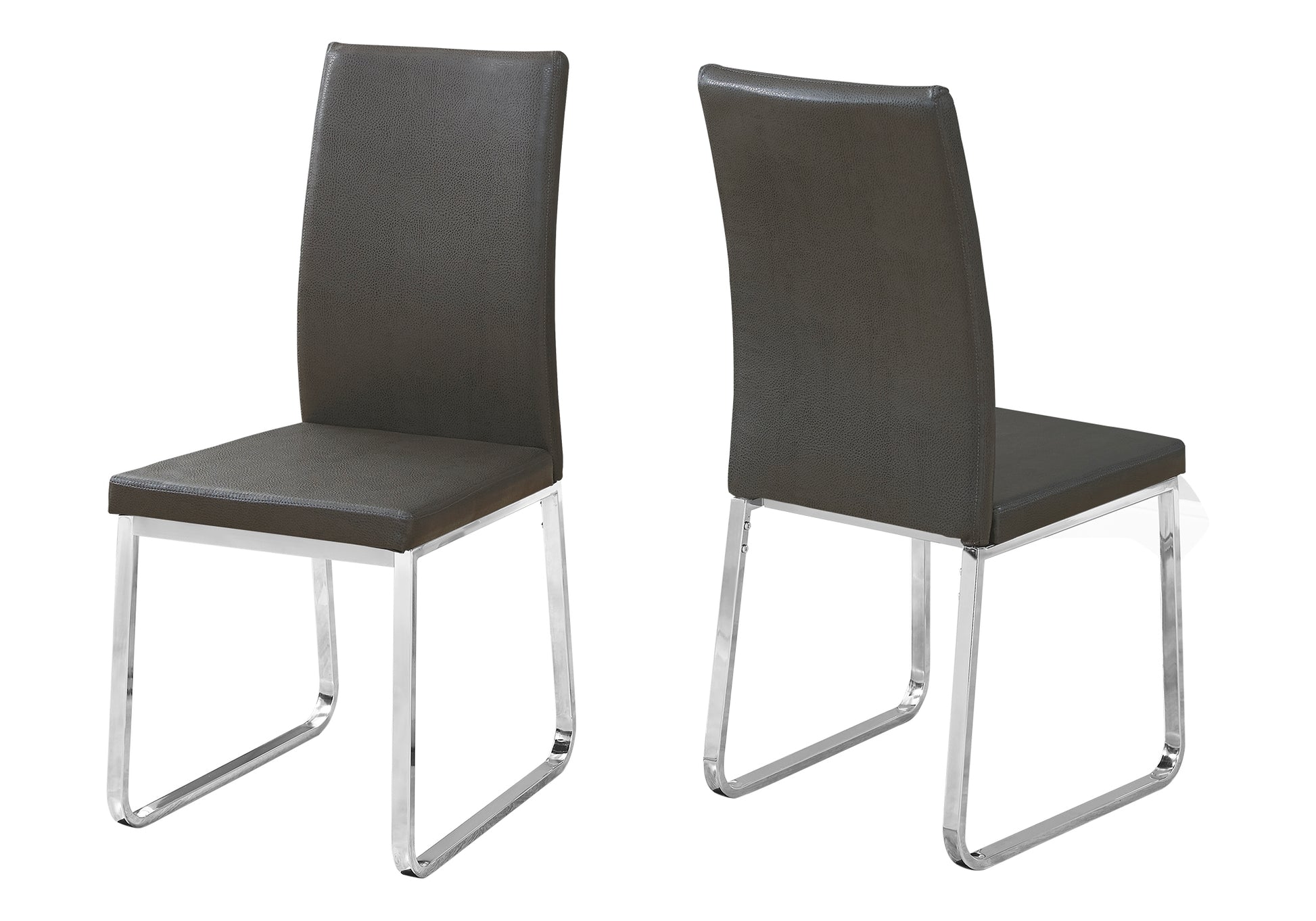 Dining Chair, Set Of 2, Side, Upholstered, Kitchen, Dining Room, Grey Leather Look, Chrome Metal, Contemporary, Modern Grey Foam Faux Leather