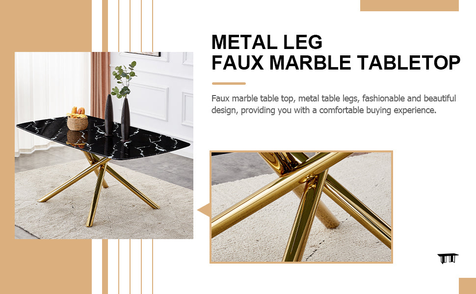 Large Modern Minimalist Rectangular Dining Table With 0.39 "Imitation Marble Black Tabletop And Golden Metal Legs, Paired With Chairs With Pu Cushions And Black Metal Legs. F 1537 C 007 Black Gold Glass Metal