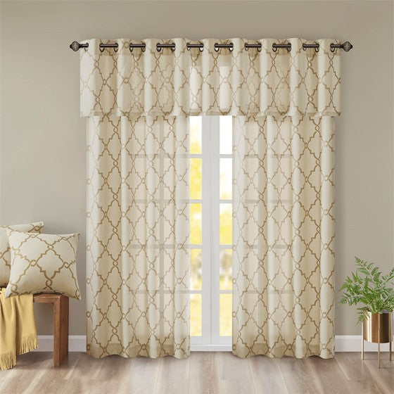 Fretwork Print Grommet Top Window Valance Beige Gold 50X18" Beige Gold Polyester