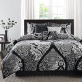 7 Piece Cotton Printed Comforter Set Black Queen Queen Black Polyester