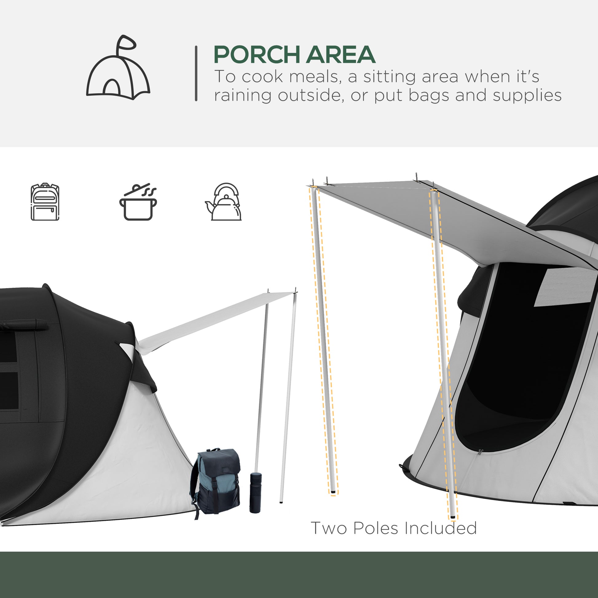 outsunny pop up tent Outsunny Pop Up Tent, Instant Camping Tent With Porch And Carry Bag, 3000Mm Waterproof, For 2 3 People, Black, Poles Included Black Polyester