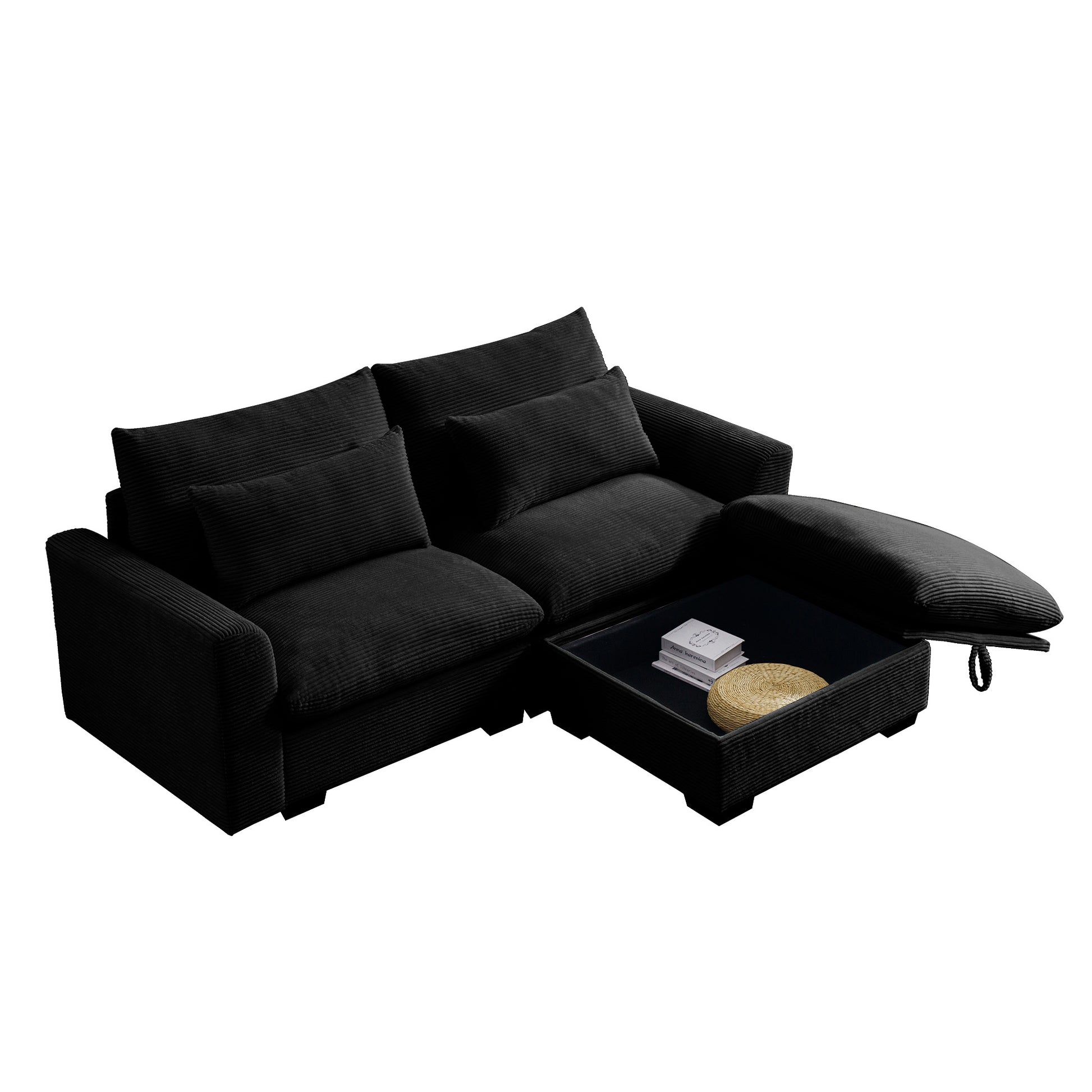 Sectional Sofa Comfy Corduroy Couch For Living Room With Pillows And Round Armrests, Modern Corduroy Sofa Sleeper Deep Couches With Storage Ottoman Black, 2 Seat Black Corduroy 2 Seat