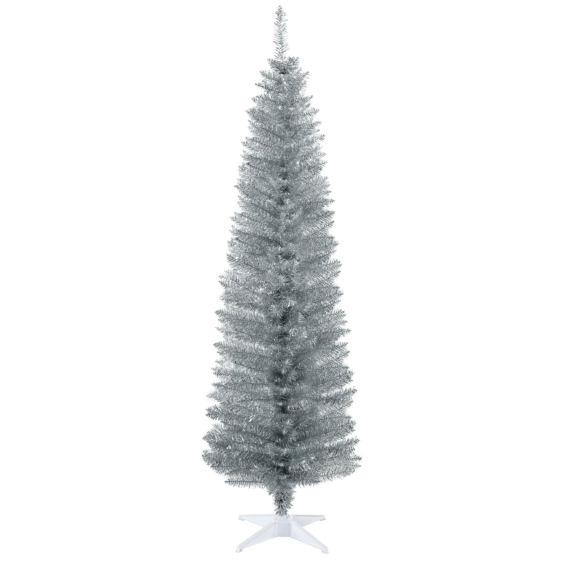 Homcom 6' Artificial Pencil Christmas Tree, Slim Xmas Tree With 390 Realistic Branch Tips And Plastic Stand, Silver Silver Plastic