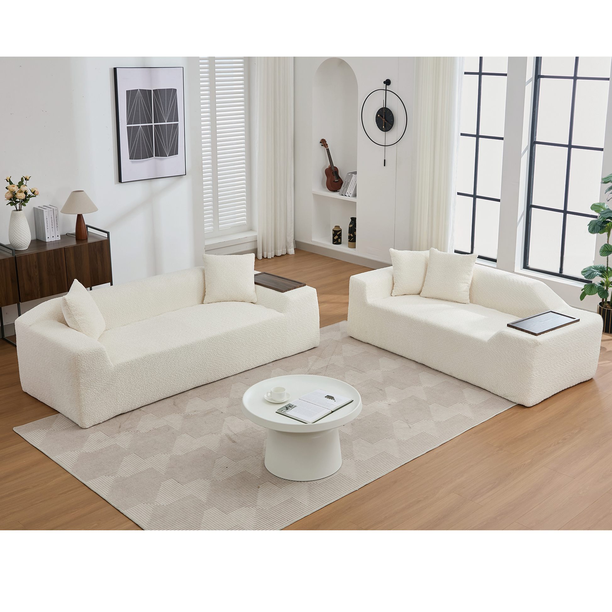 Arrived 2 Piece Boucle Cloud Sofa Set, Upholstered Sofa Set, Modern 3 Seater And 2 Seater Sofa With Mdf End Table For Living Room ,Apartment,3 2 Couch,Boucle,Beige Beige Polyester Primary Living Space Soft Tight Back Modern Square Arms Foam Upholstered 5