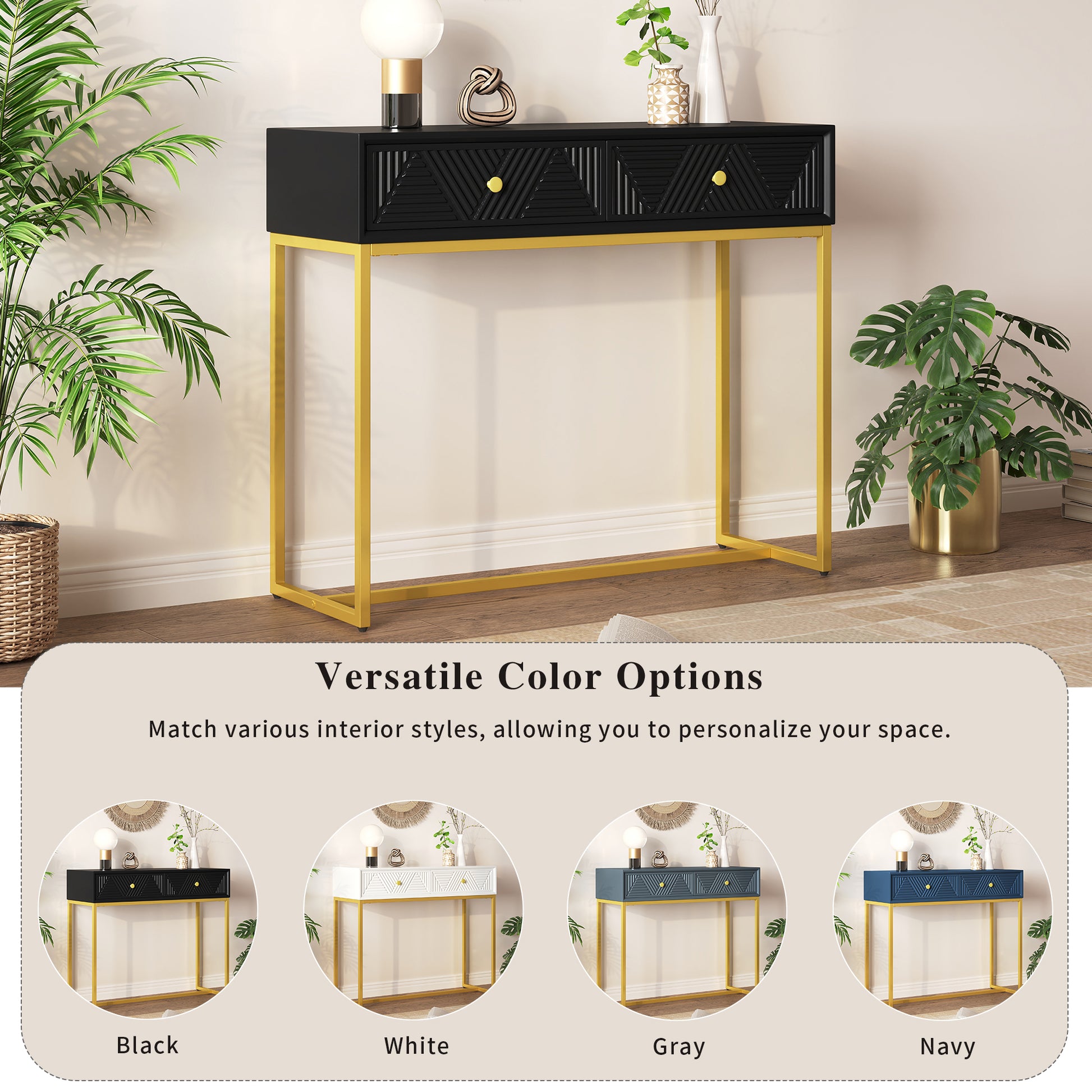 Modern Sleek Console Table Two Drawers With Stripe Design For Living Room And Entryway Black Black Mdf