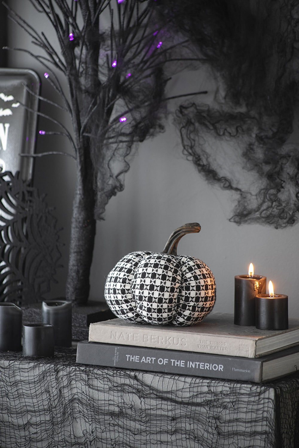 Set Of 2, 7X7X6.7" Fabric Black White Plaid Pumpkin Decor, For Holiday Halloween Decoration Black,White Polyester