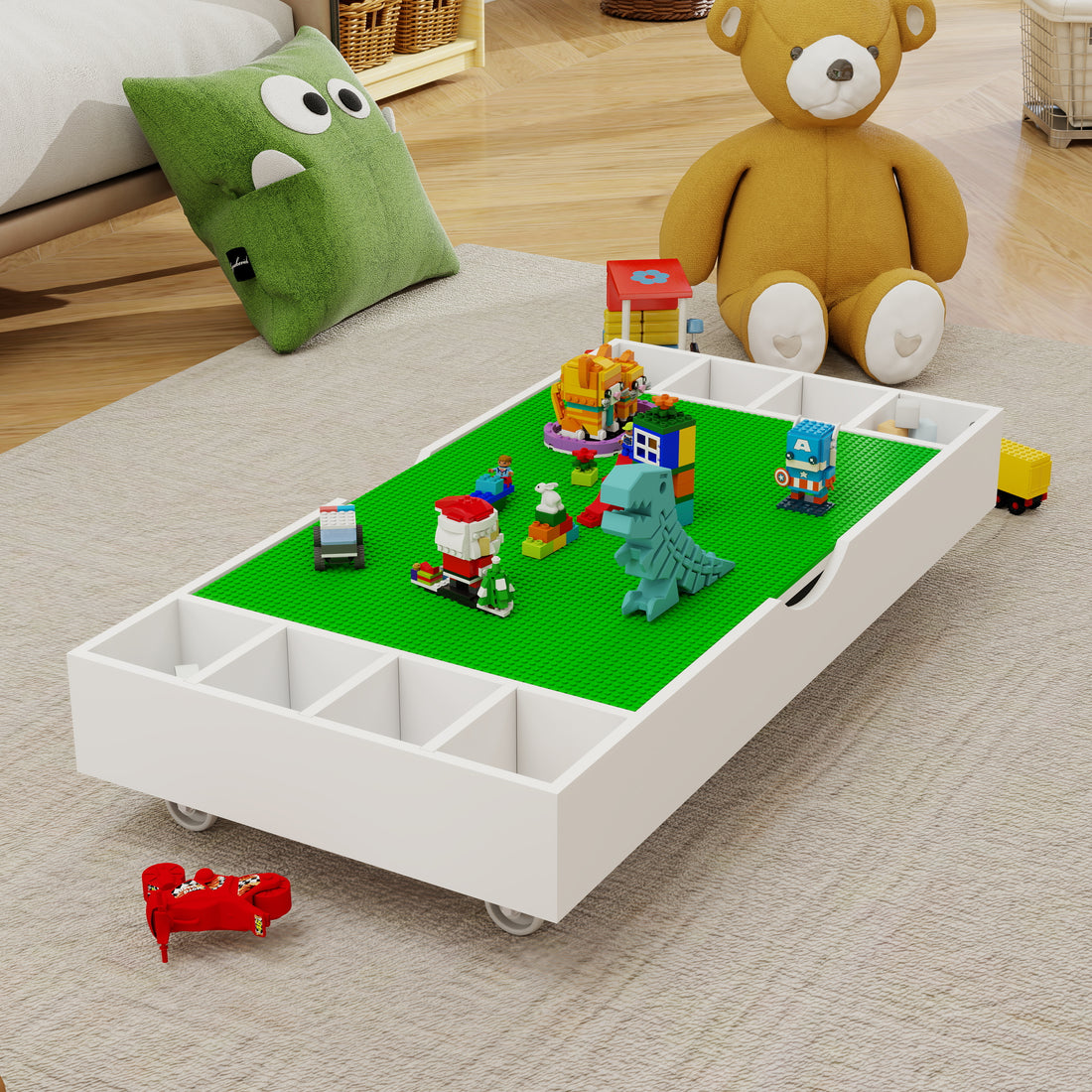 The 2 In 1 Rollaway Play Table And Toy Organizer Compatible With Lego Suitable For Storing Under Bed Or Sofa White 38" X 18.7" X 5.9" White Green Mdf