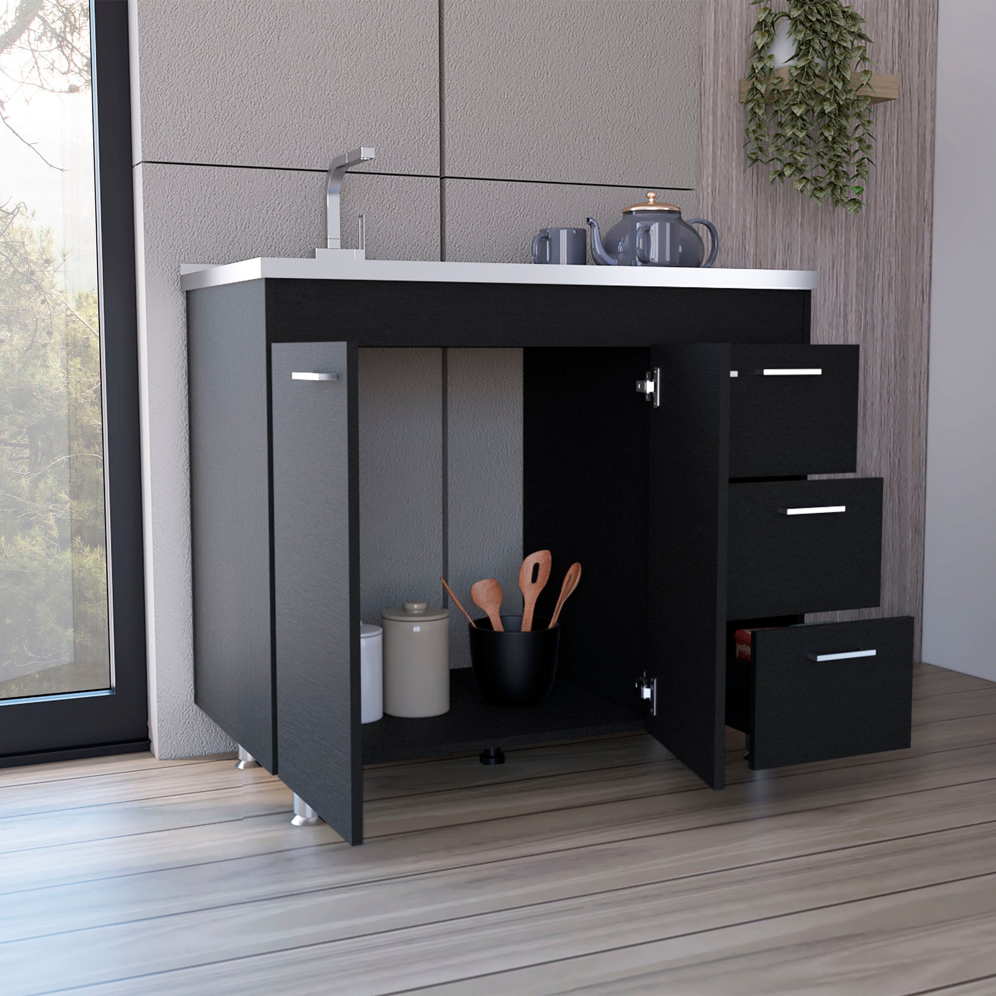 Ferretti Utility Sink With Three Drawers And Double Door Cabinet Black Black Kitchen Modern Particle Board