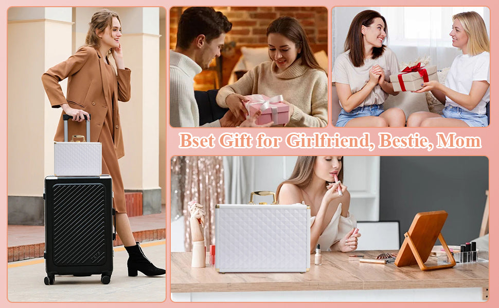 Portable Makeup Case With Led Mirror Travel Makeup Bag Cosmetic Organizer Box With Locks, Brush Holder, Dividers, Rechargeable, White White Aluminium Alloy