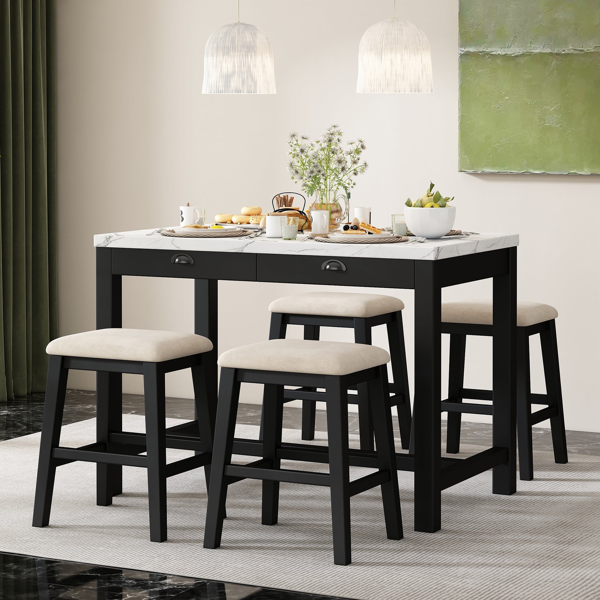 3 Piece Modern Faux Marble Versatile Bar Table Set With Storage Drawers And Padded Stools, Ideal For Space Saving Dining Nooks Or Small Kitchens Black Black Solid Wood Mdf