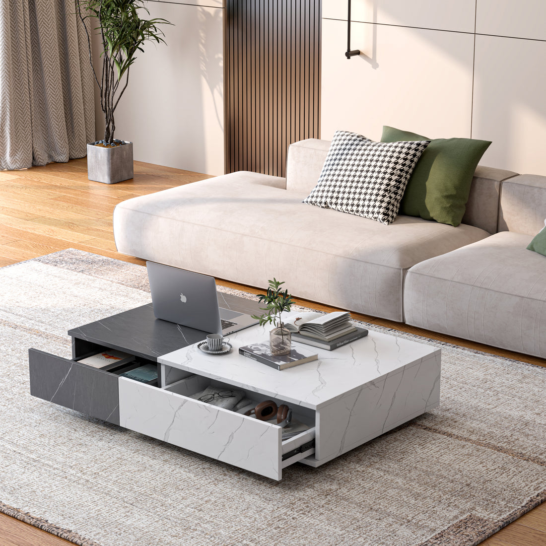 Modern Style Black And White Coffee Table With Two Storage Spaces White Black White Primary Living Space Rectangular Drawers Rectangular Coffee & End Tables Particle Board Mdf