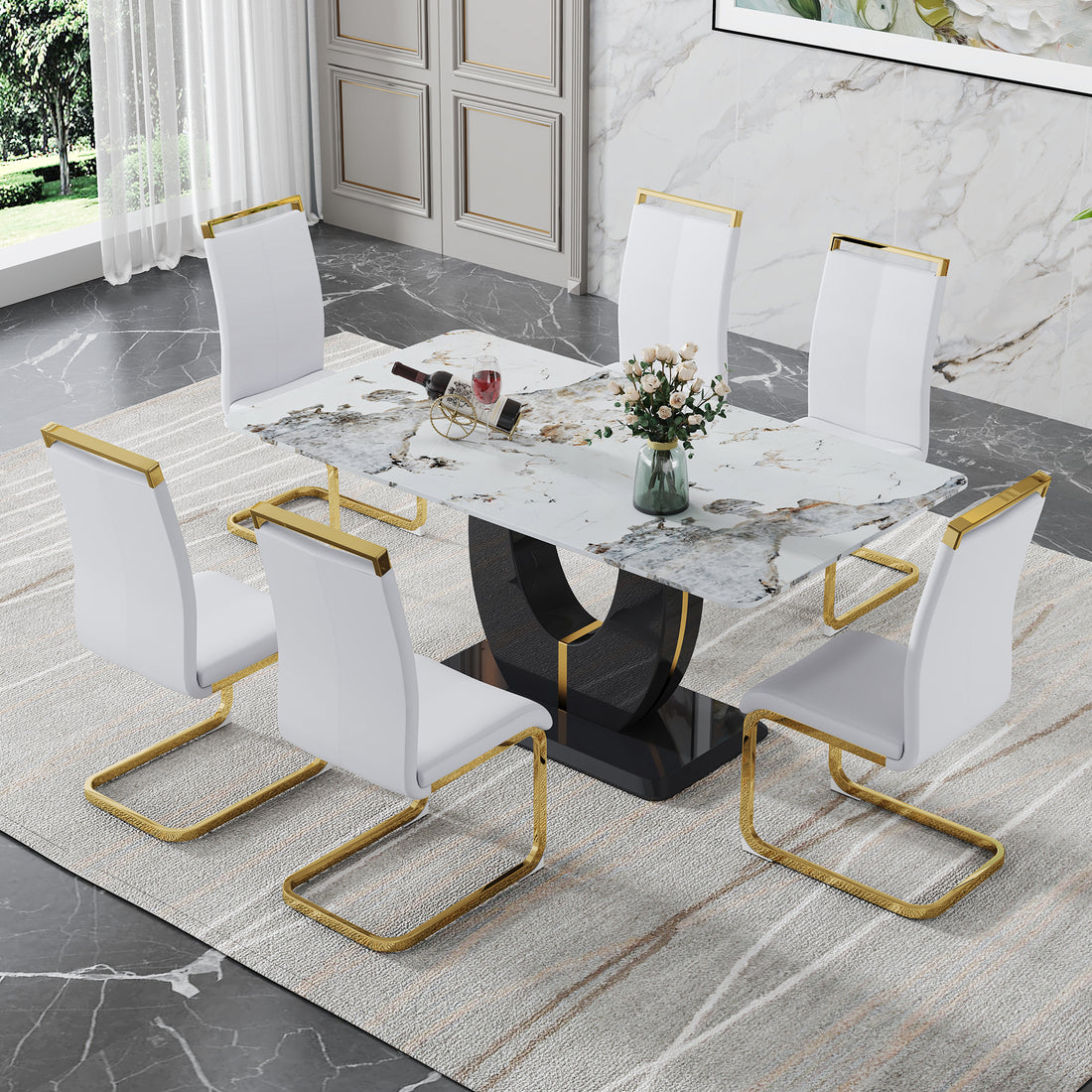 Table And Chair Set, Modern Dining Table, Patterned Table Top And Black Mdf Table Leg, Soft And Comfortable Dining Chair, Perfect For Dinner, Meetings, Home And Office Decor White Black Mdf Glass