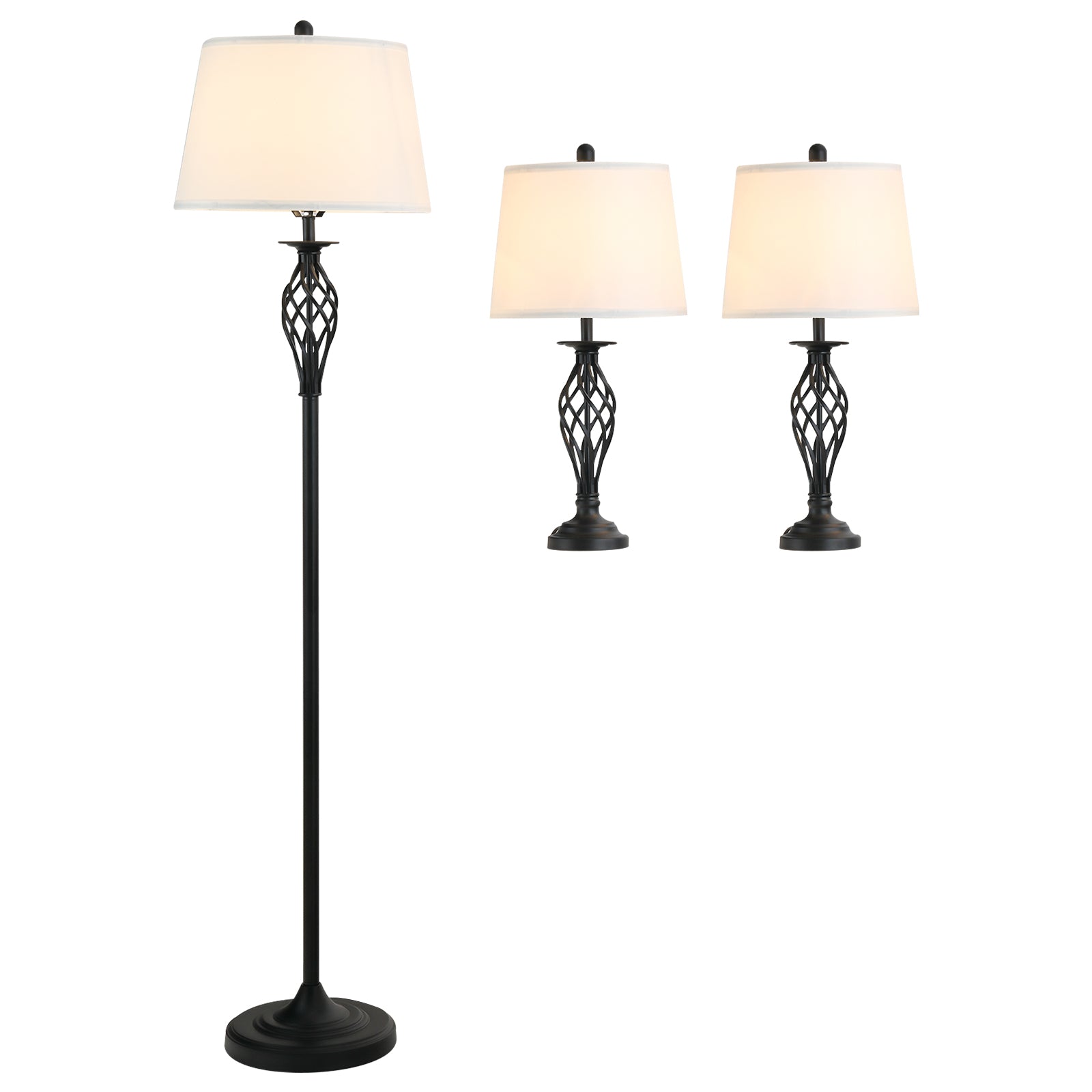 Homcom 3 Piece Table Floor Lamp Set With Metal Pole, Round Base, And Fabric Lampshade, For Living Room, Black White White Glass Metal