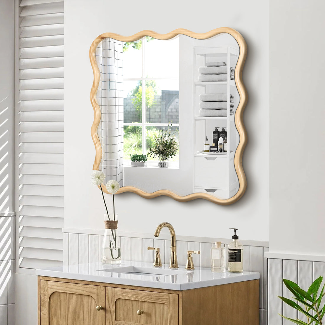 Solid Wood Wavy Square Mirror Natural Wood 36" X 36" Modern Mirror Wall Decor For Bathroom, Bedroom, Living Room, Dining Room, Cloakroom, Entryway Natural Wood Glass Solid Wood