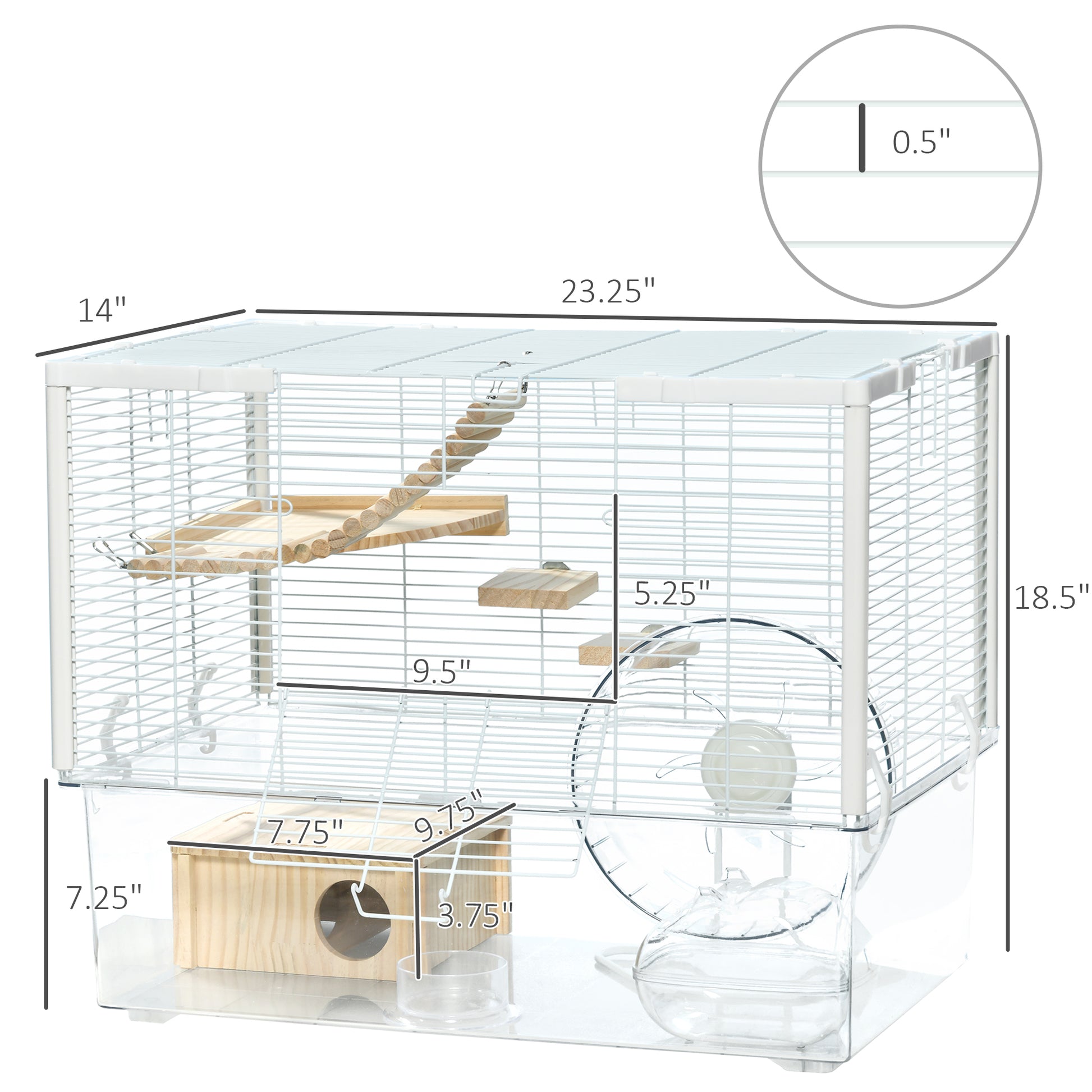 Pawhut Hamster Cage, Transparent Gerbil Cage For Hamsters And Gerbils With Deep Bottom, Wooden Ramp, Hut, Bathroom And Exercise Wheel, 23.25" X 14" X 18.5", White White Steel