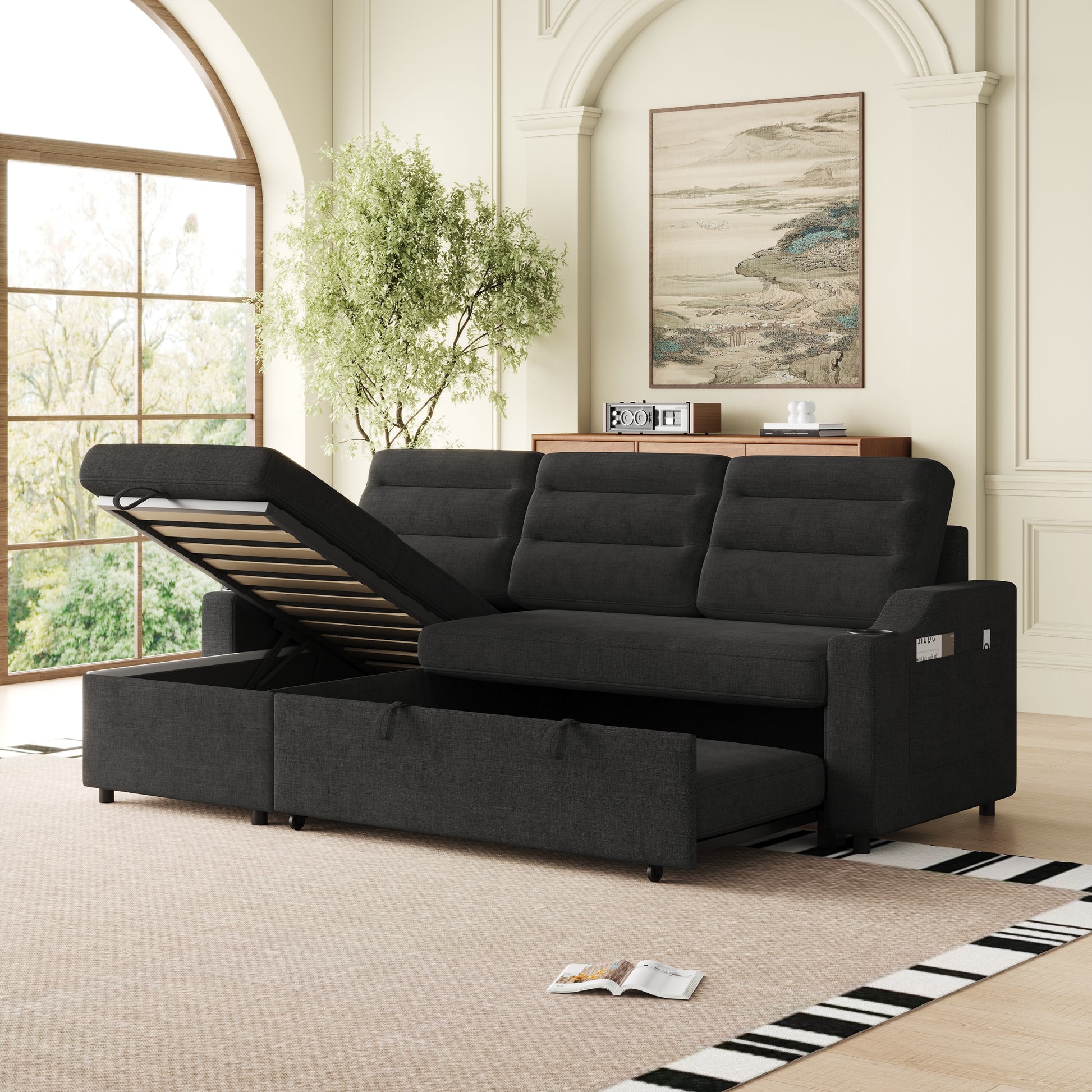 Mh83.5" Convertible Sleeper Combo Sofa, Convertible Sofa Bed Polyester Pullout Bed With Storage Recliner And Cup Holder For Living Room, Tight Spaces Black Polyester Wood Primary Living Space Pine Polyester Fabric 3 Seat