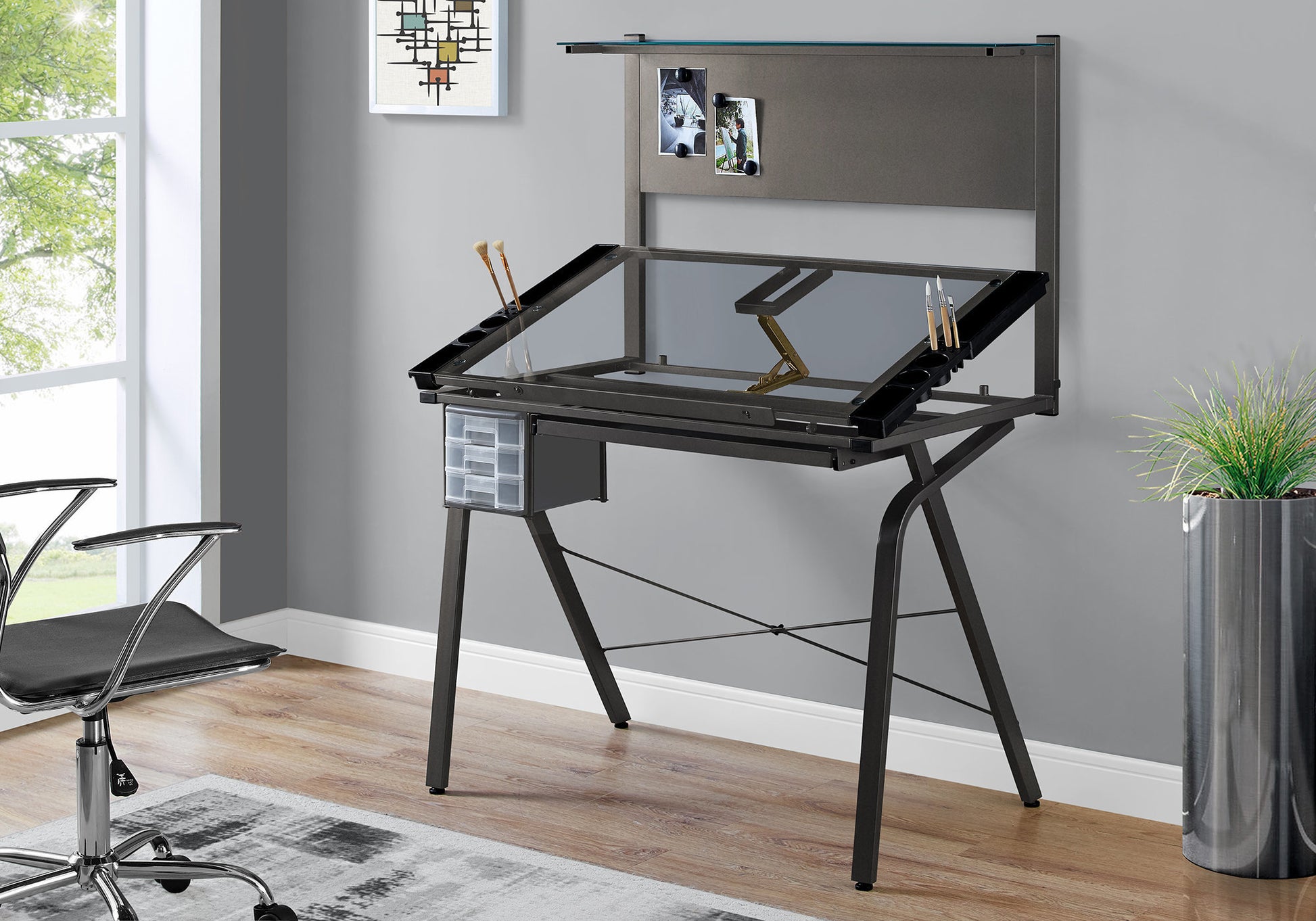 Drafting Table, Adjustable Angle, Drawing, Storage, Craft, Grey Metal, Clear Tempered Glass, Contemporary, Modern Grey Metal