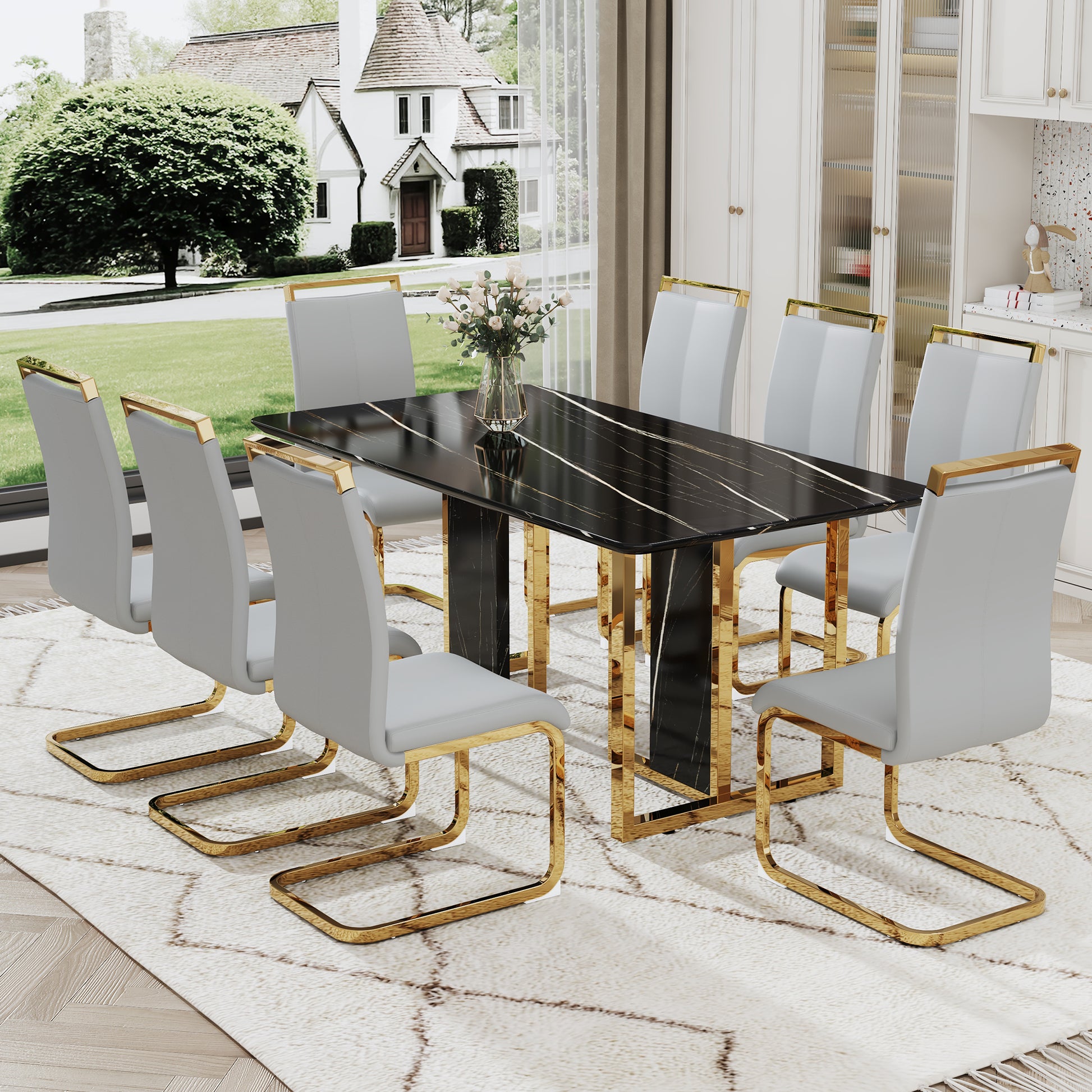 Table And Chair Set. Modern Dining Table With Mdf Top And Beautiful Mdf Legs. Equipped With Comfortable Pu Chairs And Metal Legs. Suitable For A Wide Range Of Decorative Styles. Black,Light Gray Seats 8 Mdf