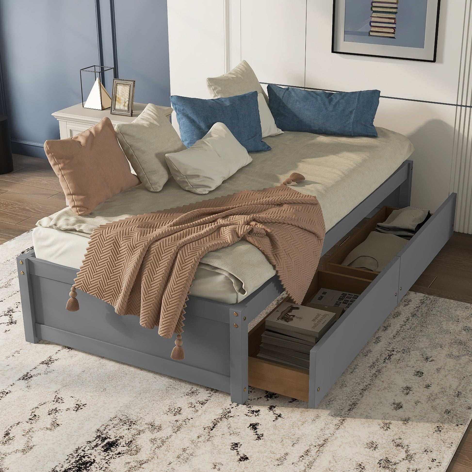 Twin Bed With 2 Drawers, Solid Wood, No Box Spring Needed ,Grey Old Sku:W50422208 Twin Grey Pine