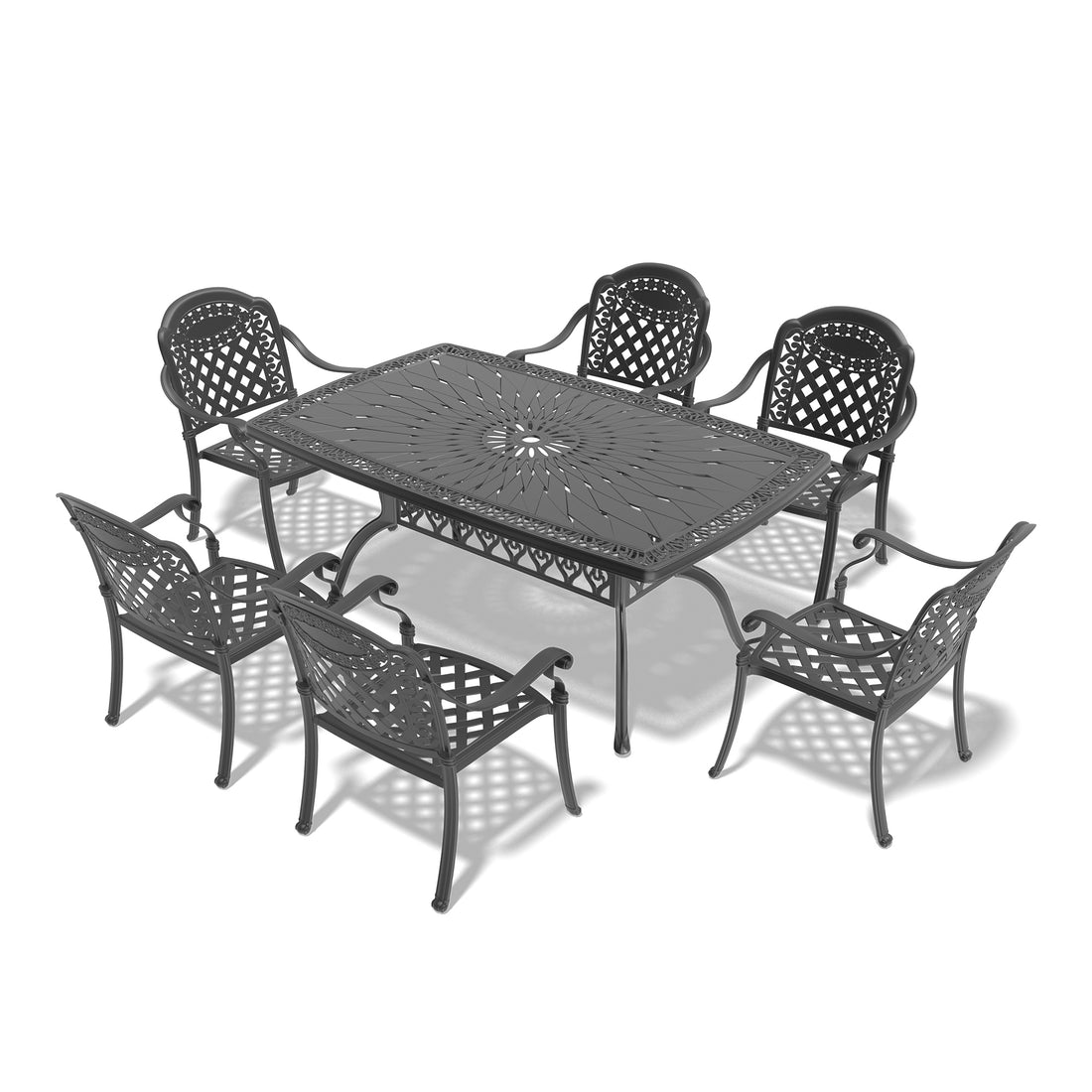 Cushions In Random Colors 7 Piece Set Of Cast Aluminum Patio Furniture With Cushions Yes Dining Set Black Seats 6 Rust Resistant Frame Water Resistant Cushion Garden & Outdoor Complete Patio Sets Aluminium