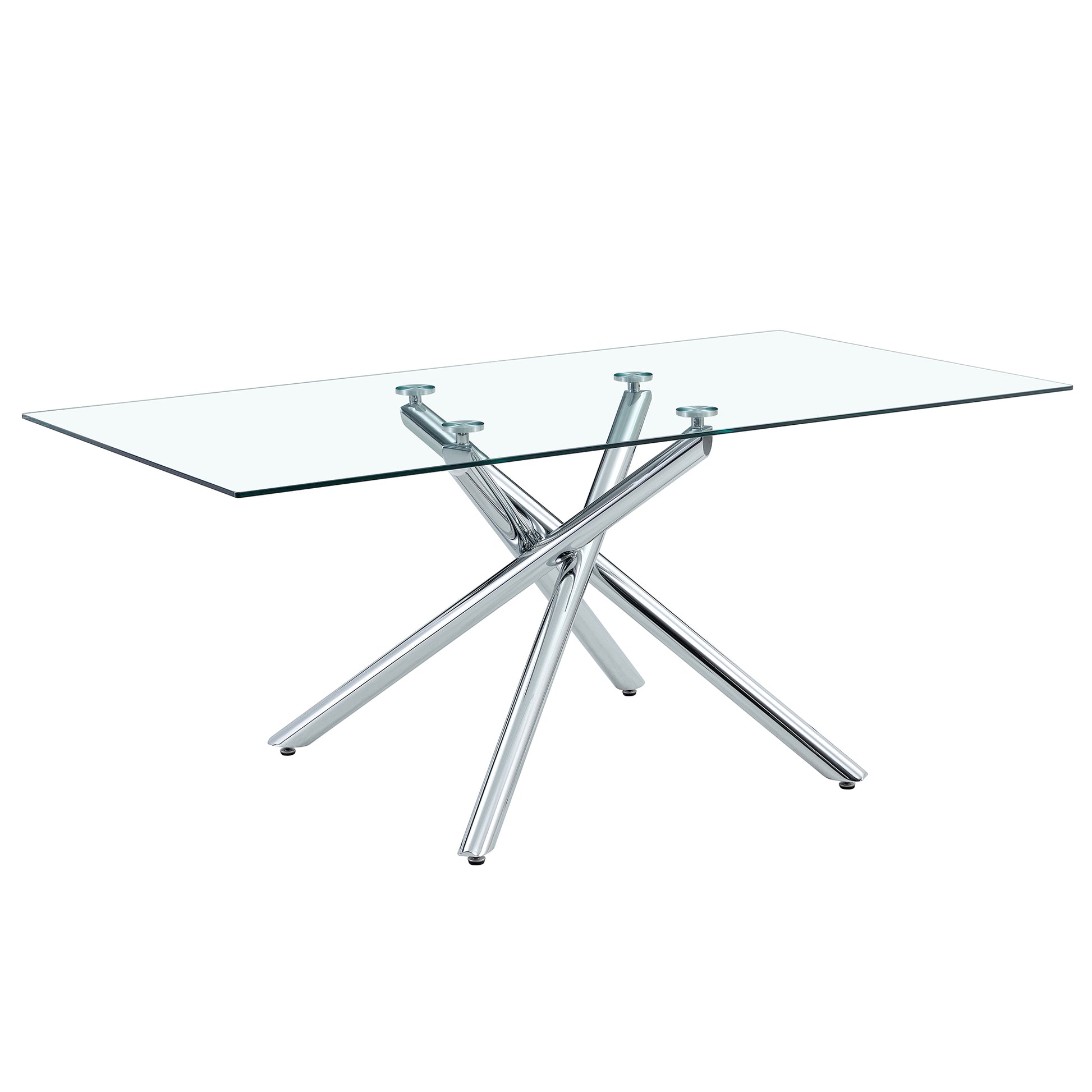 Table And Chair Set.Modern Luxurious Transparent Tempered Glass Dining Table Set.Paried With 6 Light Gray Chairs With Pu Cushion And Silver C Tube Metal Legs. Light Gray,Transparent Seats 6 Glass