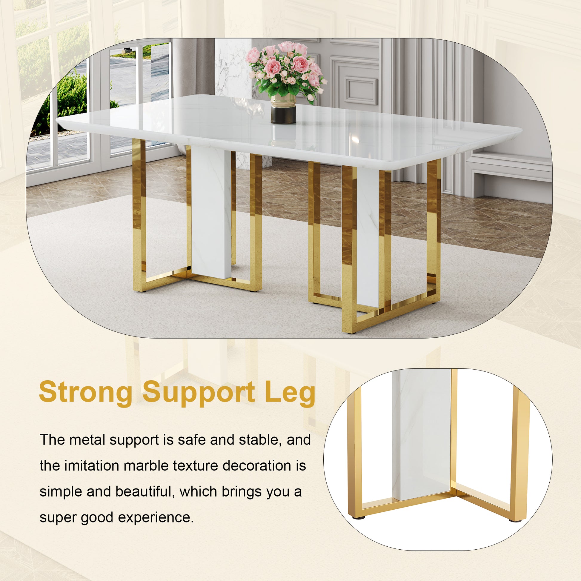 Table And Chair Set.67"X36" White Marble Pattern Mdf Dining Table Set With 8 White Pu Chairs.Mdf Sticker,White Marble Pattern Sticker,Gold C Tube Chair Legs,Suitable For Kitchen,Dining Room,Etc.