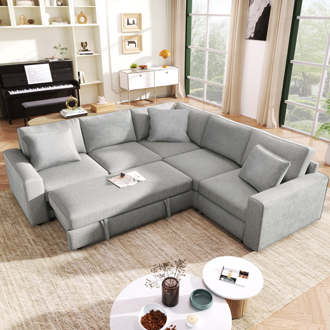 4 Seat L Shaped Modular Sofa With Thick Backrest And Seat Cushions, Suitable For Living Rooms, Offices Gray Wood Polyester 4 Seat