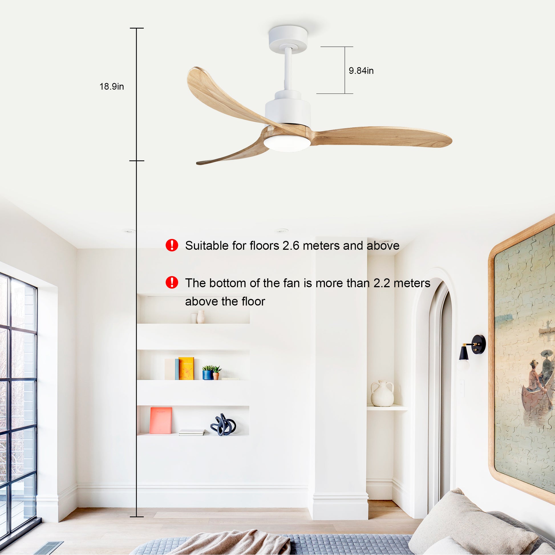 52" Ceiling Fan With Dimmable Led Light Remote Control,Quiet Dc Motor 6 Speed Levels,Adjust Height 3 Pcs Rod Reversible Ceiling Fan, For Patio Living Room, Bedroom, Office,Indoor. White Natural White Farmhouse,Industrial Iron Wood