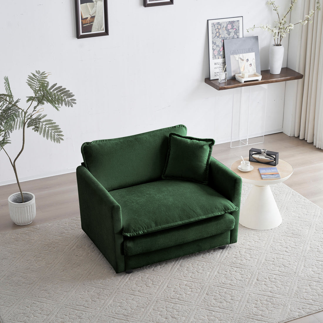 Comfy Deep Single Seat Sofa Upholstered Reading Armchair Living Room Chair Green Chenille Fabric1 Toss Pillow Green Chenille 1 Seat