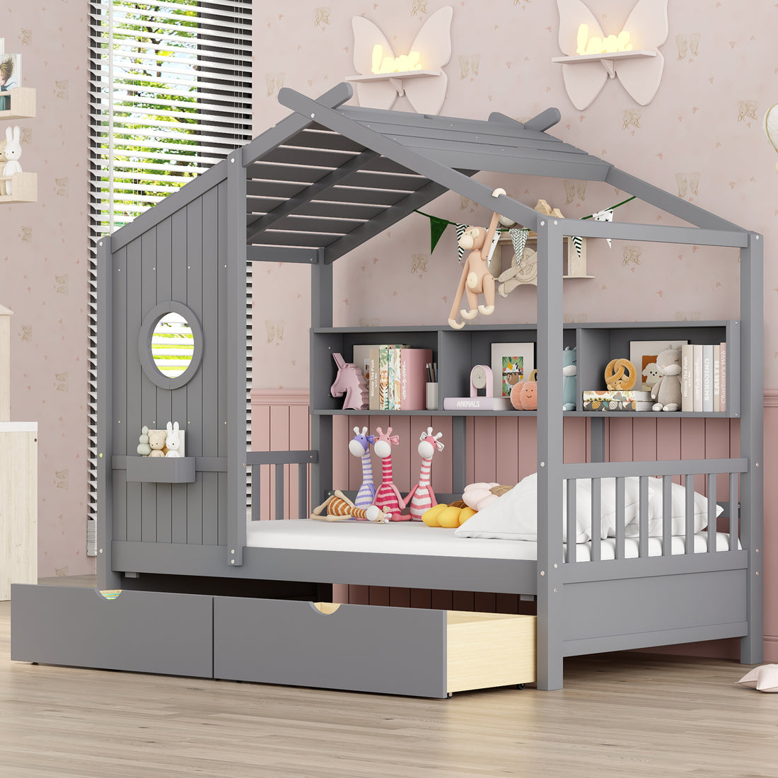 Wooden Twin Size House Bed With 2 Drawers,Kids Bed With Storage Shelf, Gray Twin Gray Solid Wood