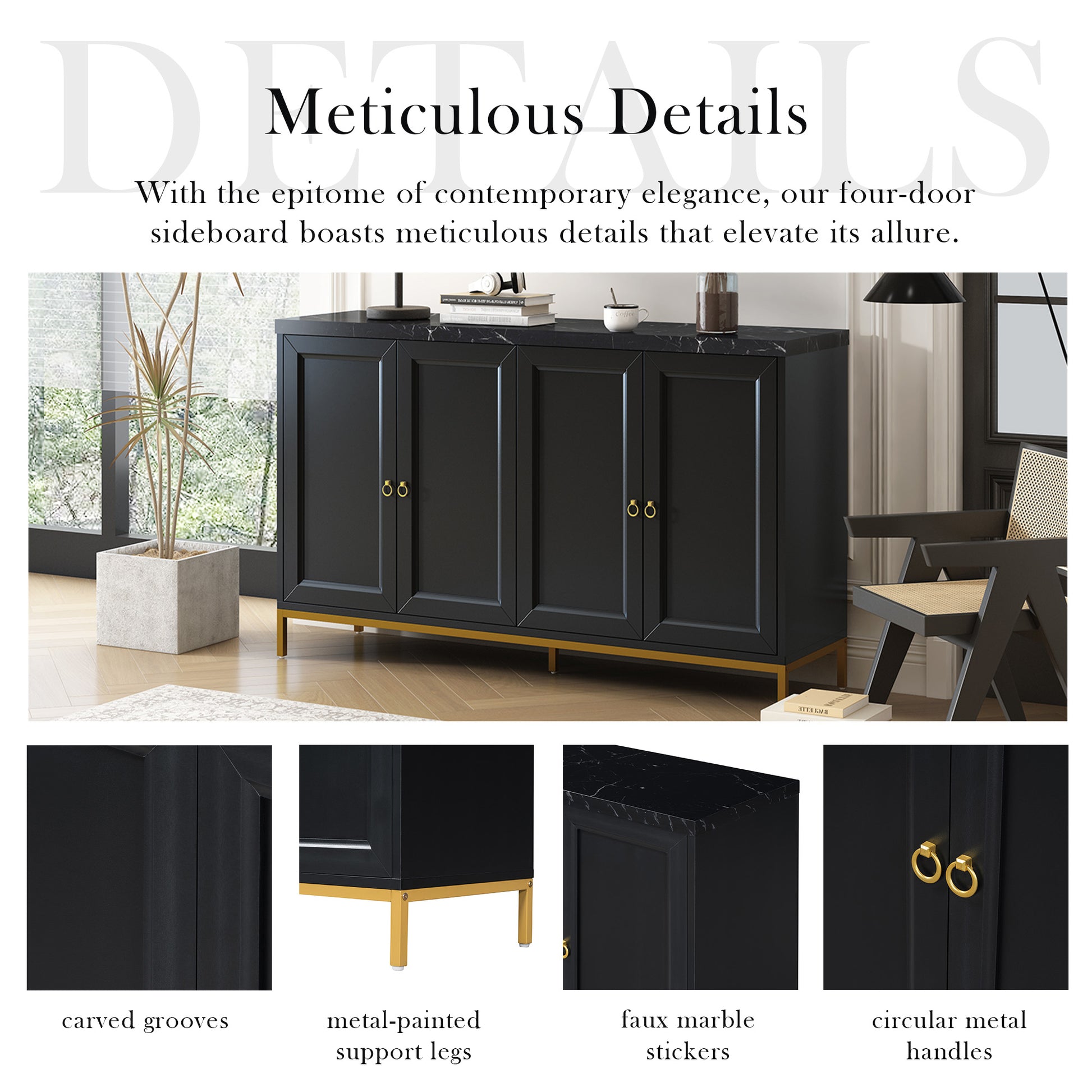 Modern Sideboard With Extra Large Storage Space With Metal Handles And Support Legs For Living Room And Dining Room Black Black Mdf