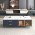 Modern Navy Blue Coffee Table With 2 Glass Door Storage, 4 Drawers, Gold Metal Legs, And Multi Color Lighting In 47.2'' Navy Blue Drawers Mdf