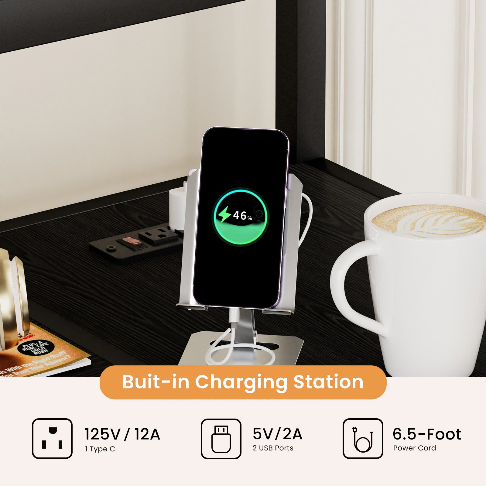 Full Size Metal Loft Bed With L Shaped Desk, Led Lights, Charging Cradle, Led Loft Bed Frame, Full Size Bed With One Cabinet Wardrobe And 2 Fabric Drawers, Safety Rails And Ladder, Black Black