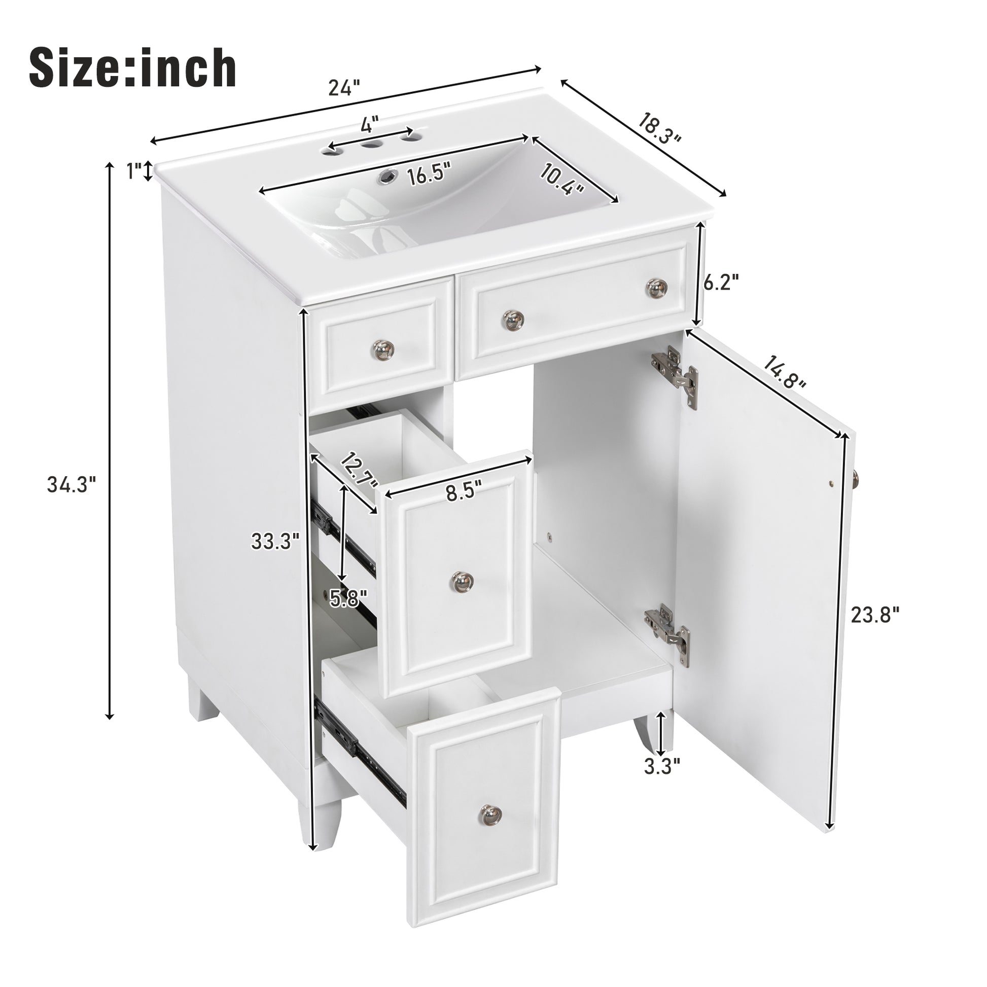 24 Inch Bathroom Vanity Cabinet With Ceramic Sink, 2 Drawers, 1 Door White Bathroom Solid Wood Mdf