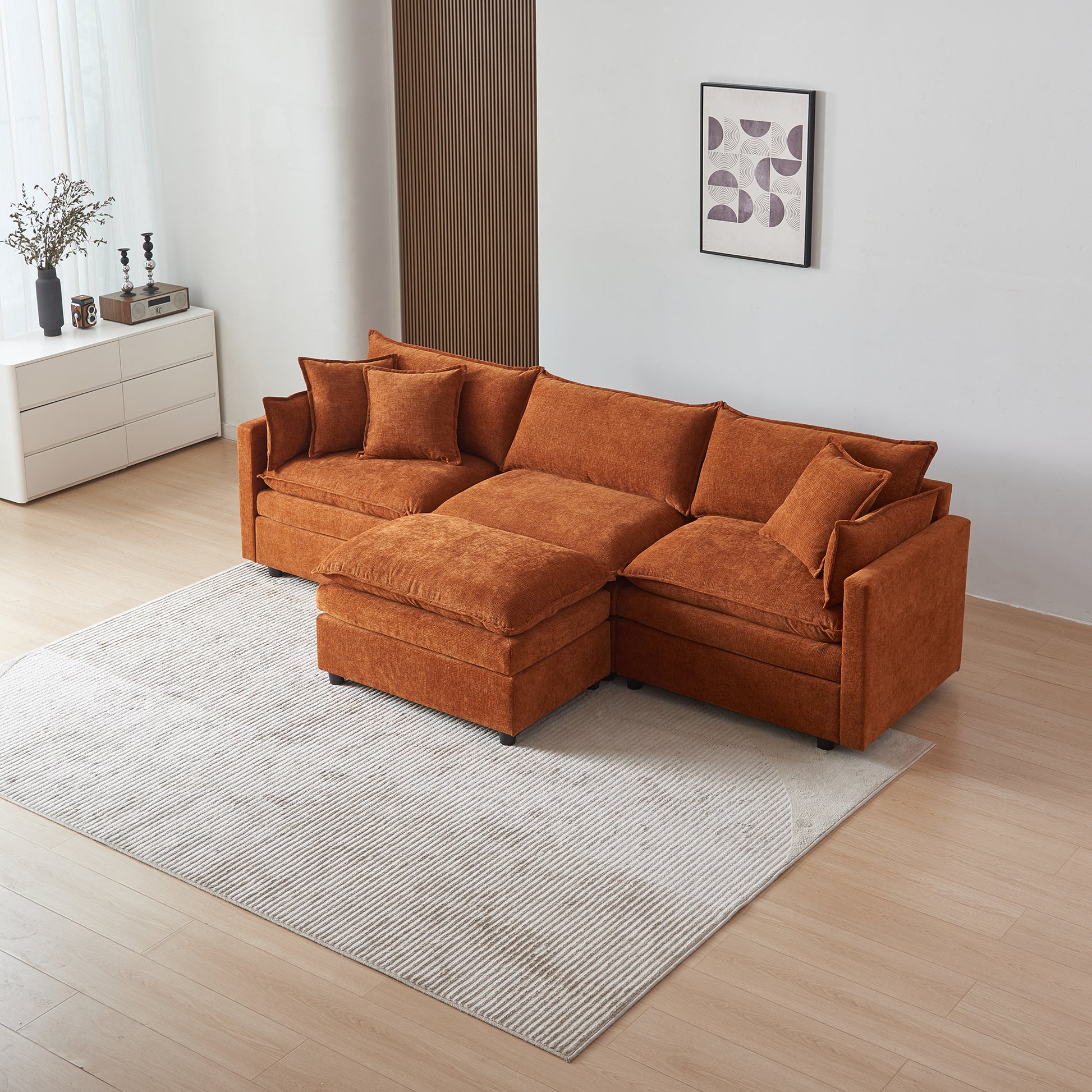 Modular L Shaped Sectional Sofa With Ottoman, Chenille Fabric Sofa Couch, Comfy Upholstered Furniture For Living Room, Apartment, Studio, Office Orange Wood Medium Soft Foam Chenille 4 Seat