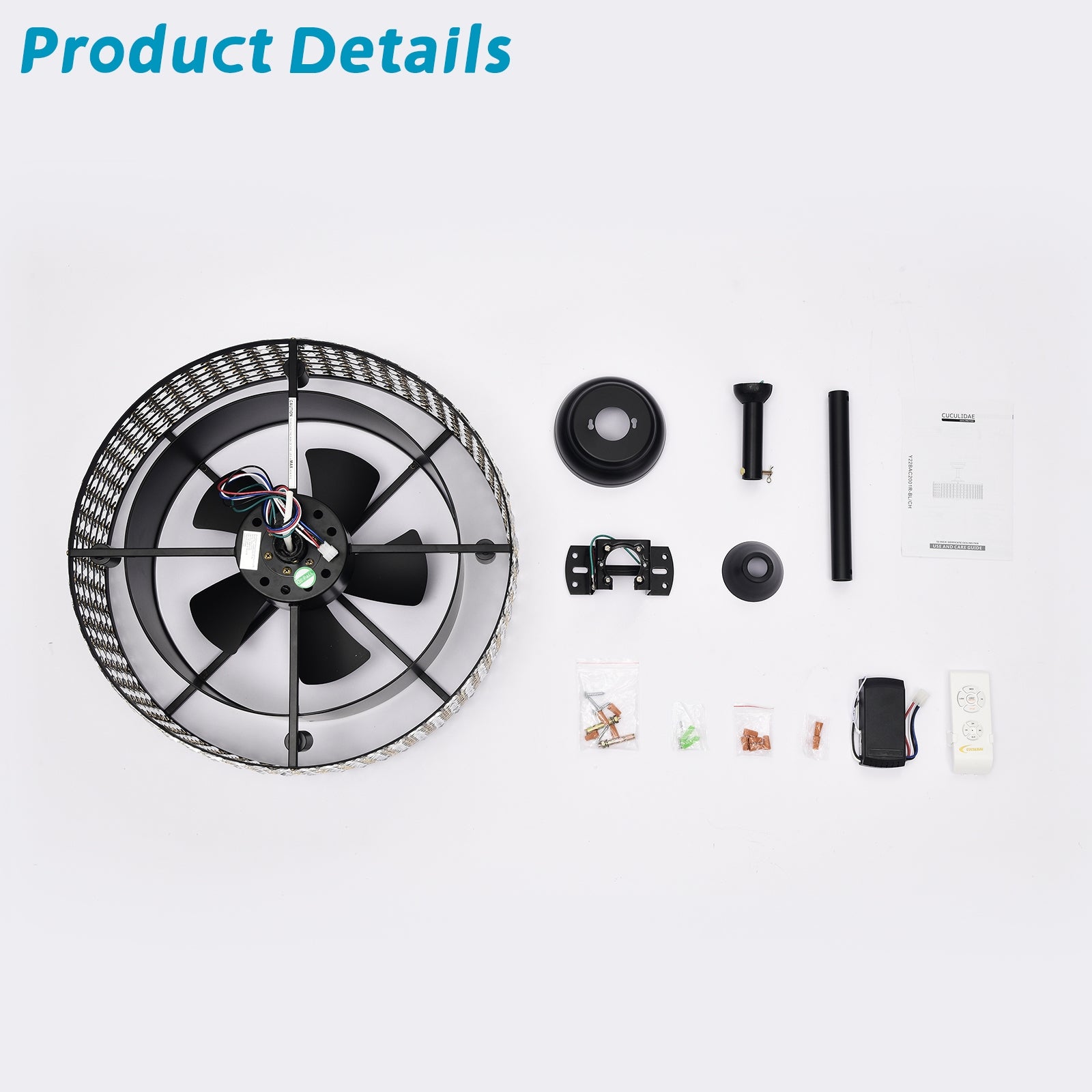 20.67" Crystal Ceiling Fan Ac Motor, Black Enclosed Ceiling Fan With Light And Remote, Reversible 3 Speeds, 1 2 4 Timing No Bulbs Included Matte Black Matte Black American Design,Farmhouse,Modern,Traditional,Vintage Abs Metal