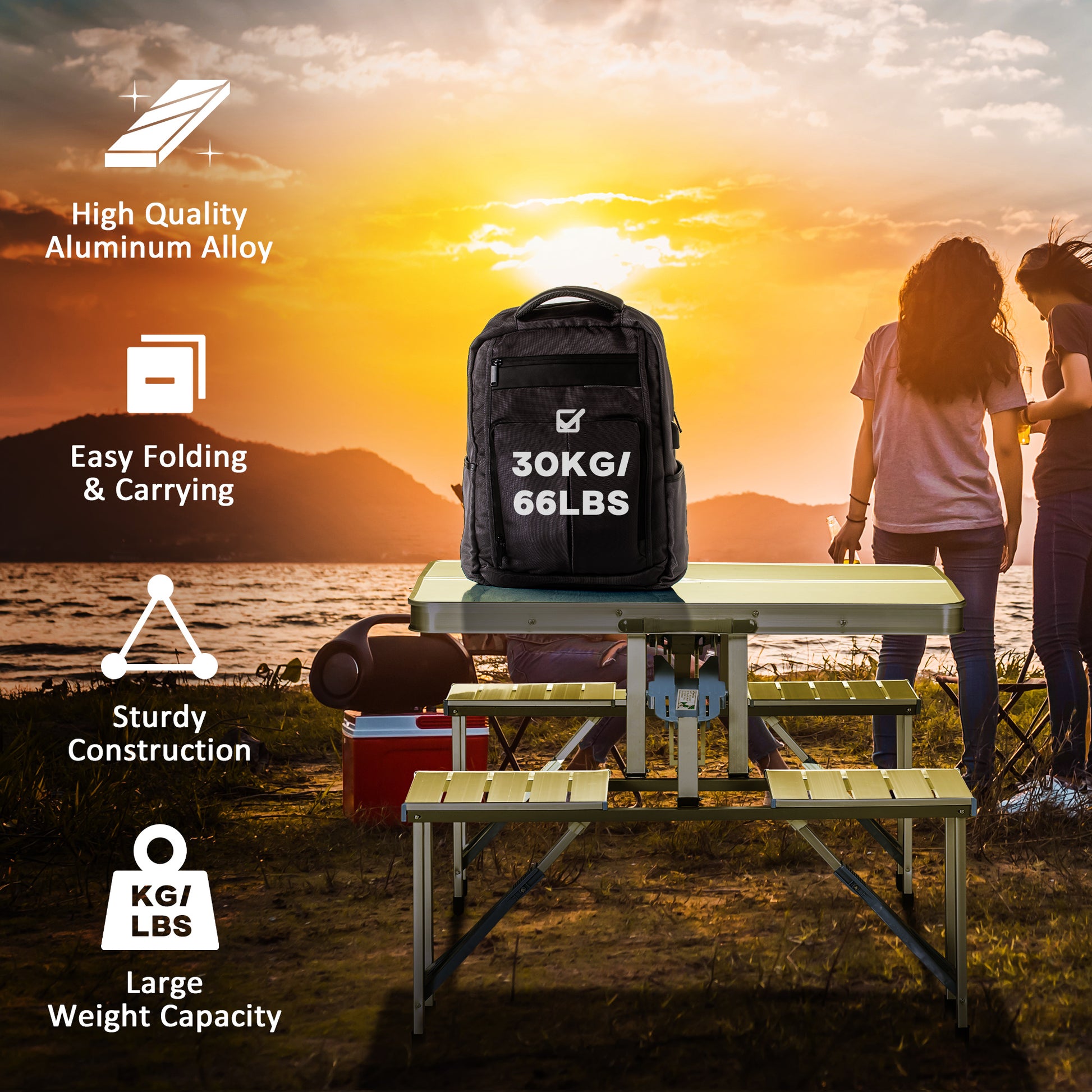 Outsunny Folding Picnic Table With Umbrella Hole, Aluminum Suitcase Portable Outdoor Table With Bench, Patio, Porch Or Camping Table And Chair Set, Silver Silver Mdf