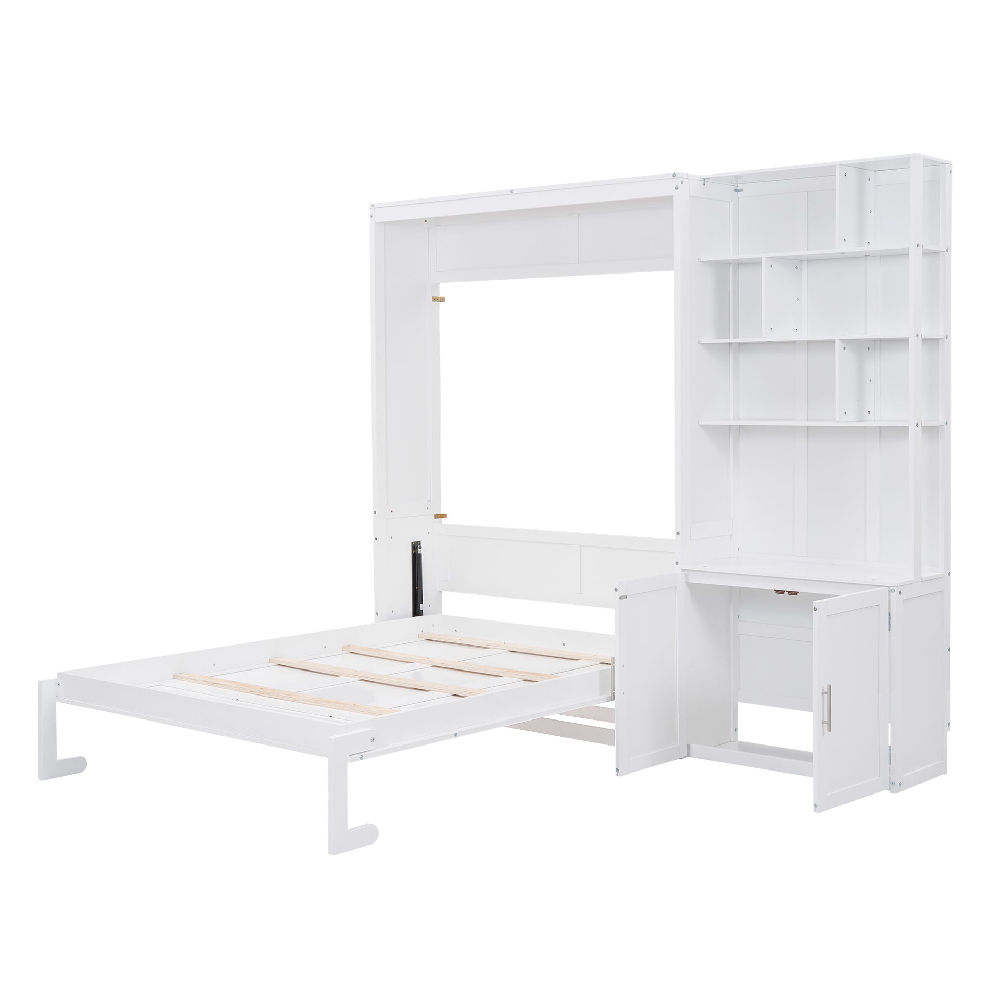 Full Size Murphy Bed With Multiple Storage Shelves And A Cabinet, White Box Spring Not Required Full White Wood Bedroom Murphy Solid Wood Mdf