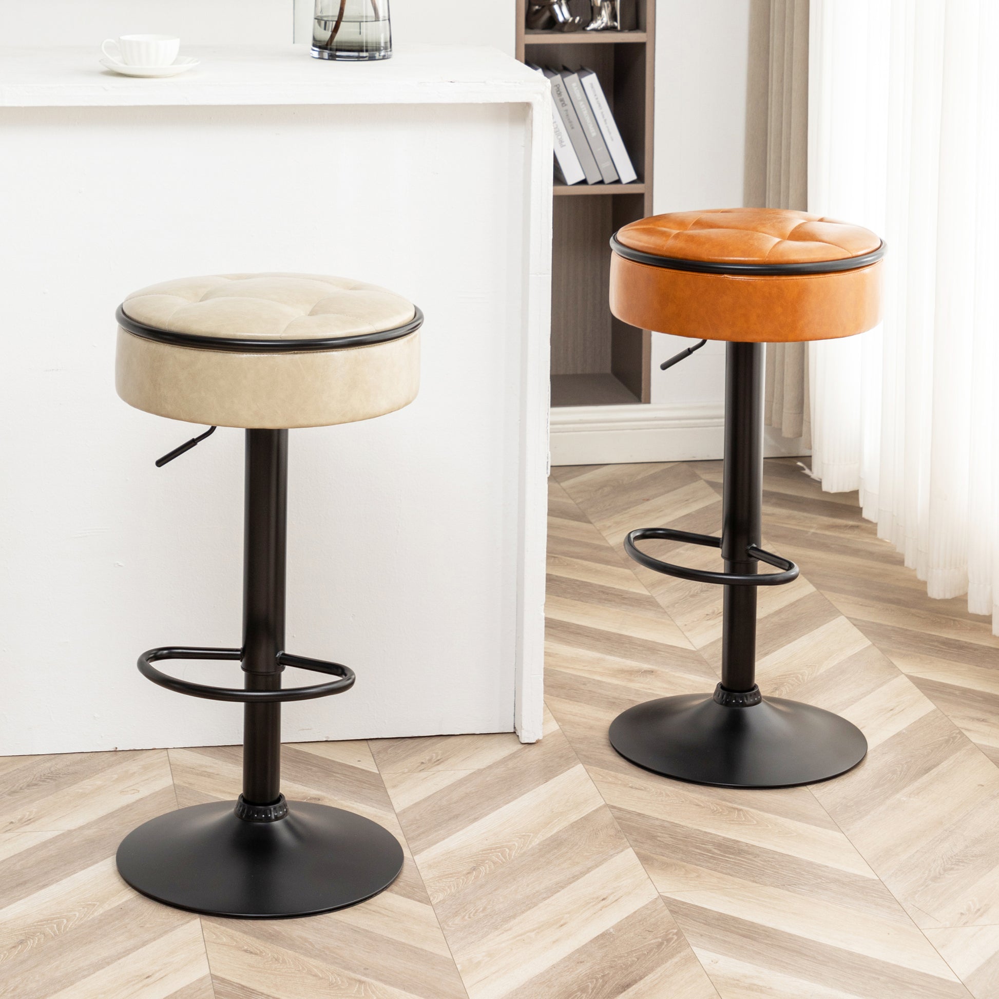 Round Storage Bar Stool Set Of 2, Khaki Faux Leather Height Adjustable Barstool, 360 Counter Height Swivel Stool, Armless Bar Chair With Metal Frame For Kitchen Counter Dining Living Room Khaki Set Of 2 Foam Pu Leather