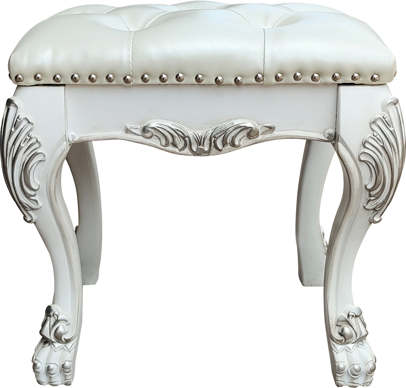 Champagne And Bone White Tufted Vanity Stool White Vanity Stools Bedroom Rectangular White Tufted Cushions Faux Leather