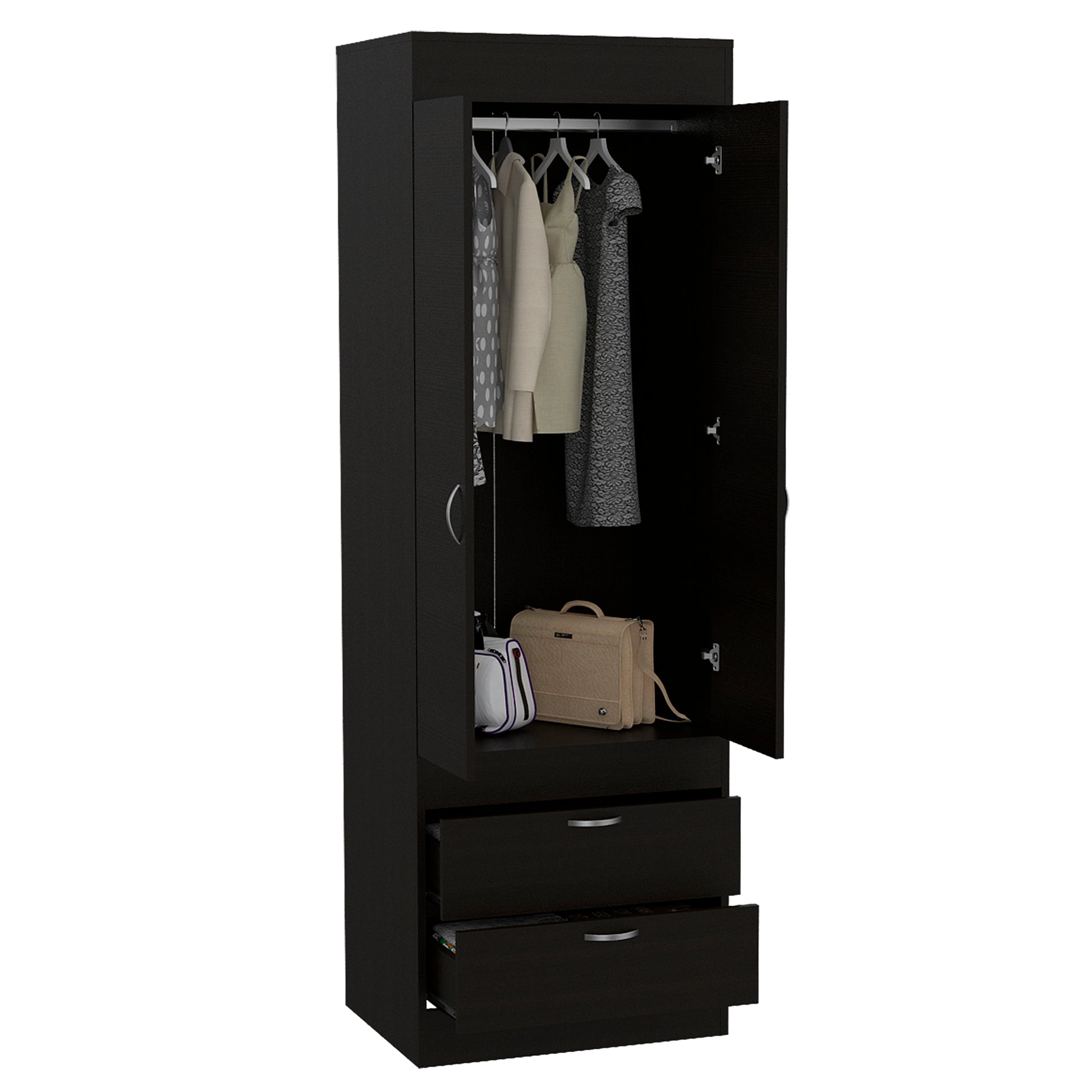 Lisboa Armoire, Rod, Double Door, Two Drawers, Metal Handles Black Particle Board Engineered Wood