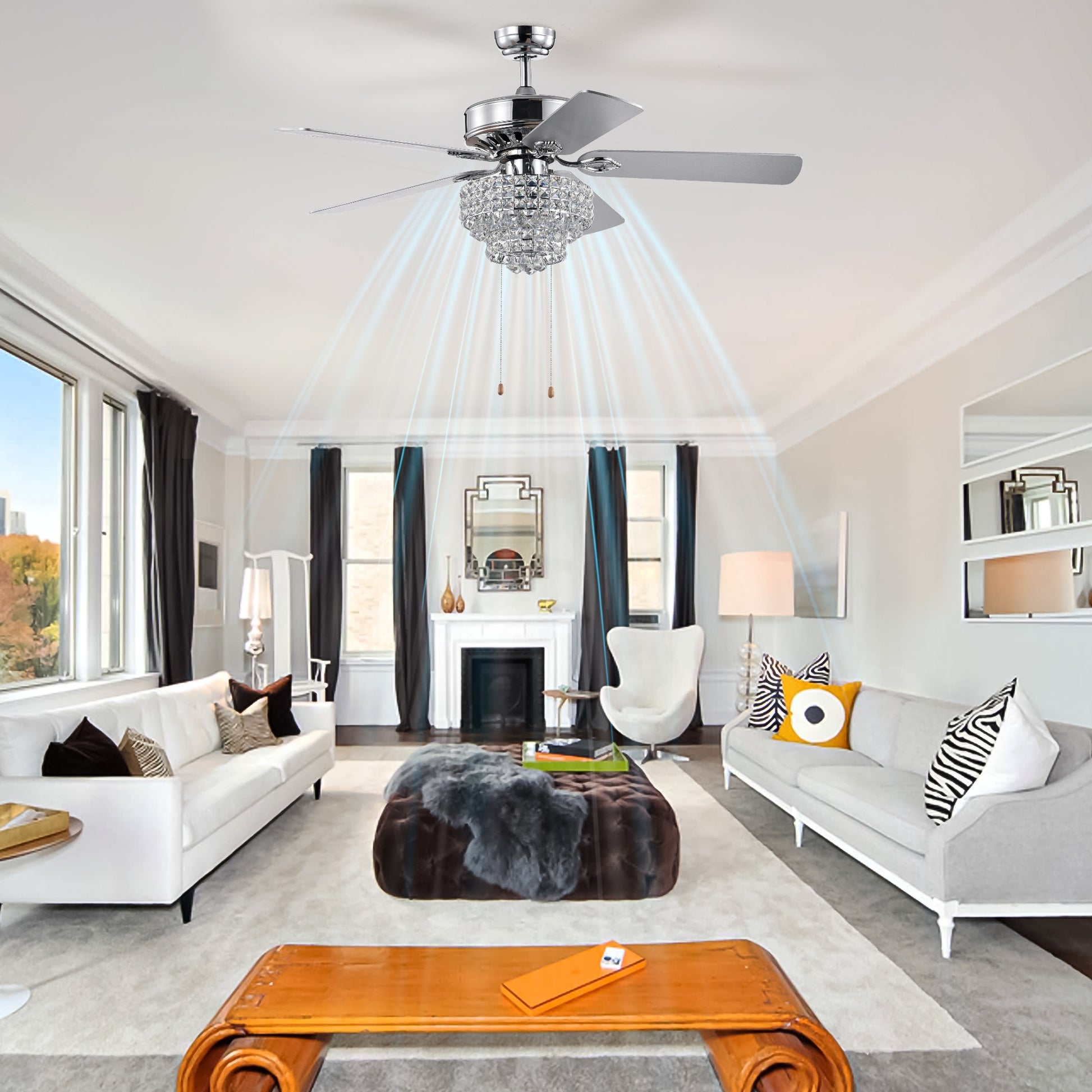 52 Inch Crystal Ceiling Fan Lamp With Hand Pull Chain 3 Speed High, Mid, Low , 5 Reversible Blades Ceiling Fan Chrome ,3Pcs*E12 No Include Bulb Chrome American Traditional,Antique,Classic,Contemporary Plywood Metal